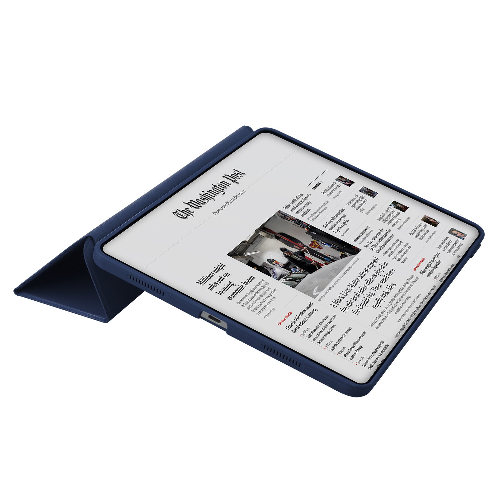 Ein Tablet in einer dunkelblauen Hülle zeigt die Washington Post-Titelseite.