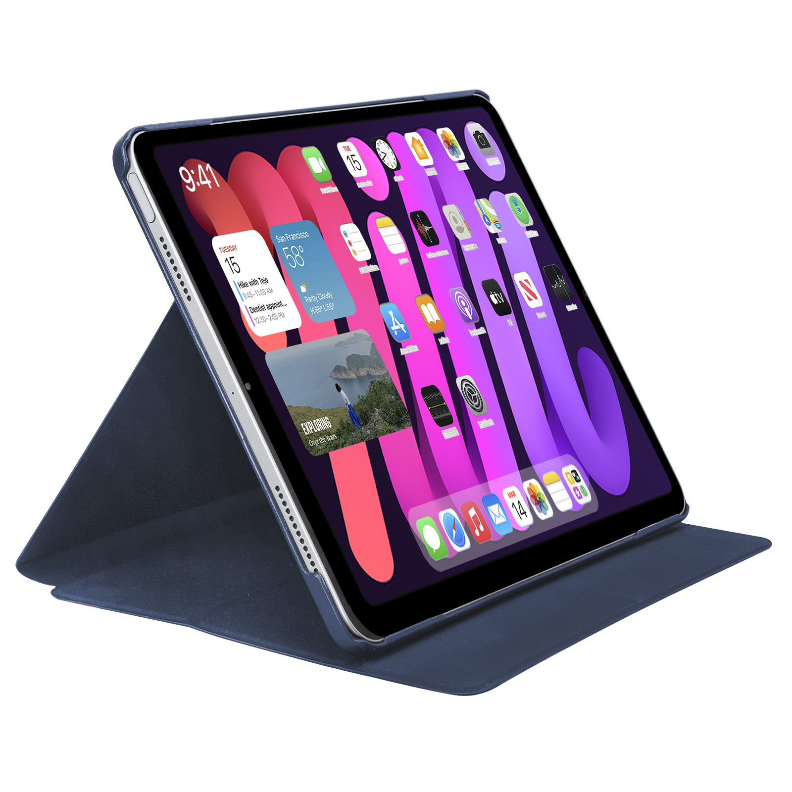 Ein blaues Tablet mit Ständer zeigt den Homescreen mit Apps und Widgets.
