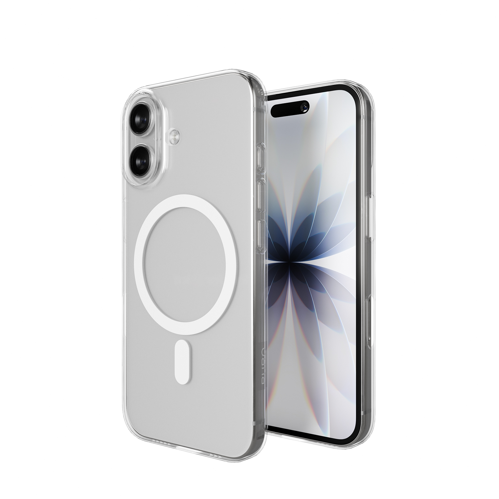 Una cover trasparente per telefono con anello magnetico e uno smartphone.