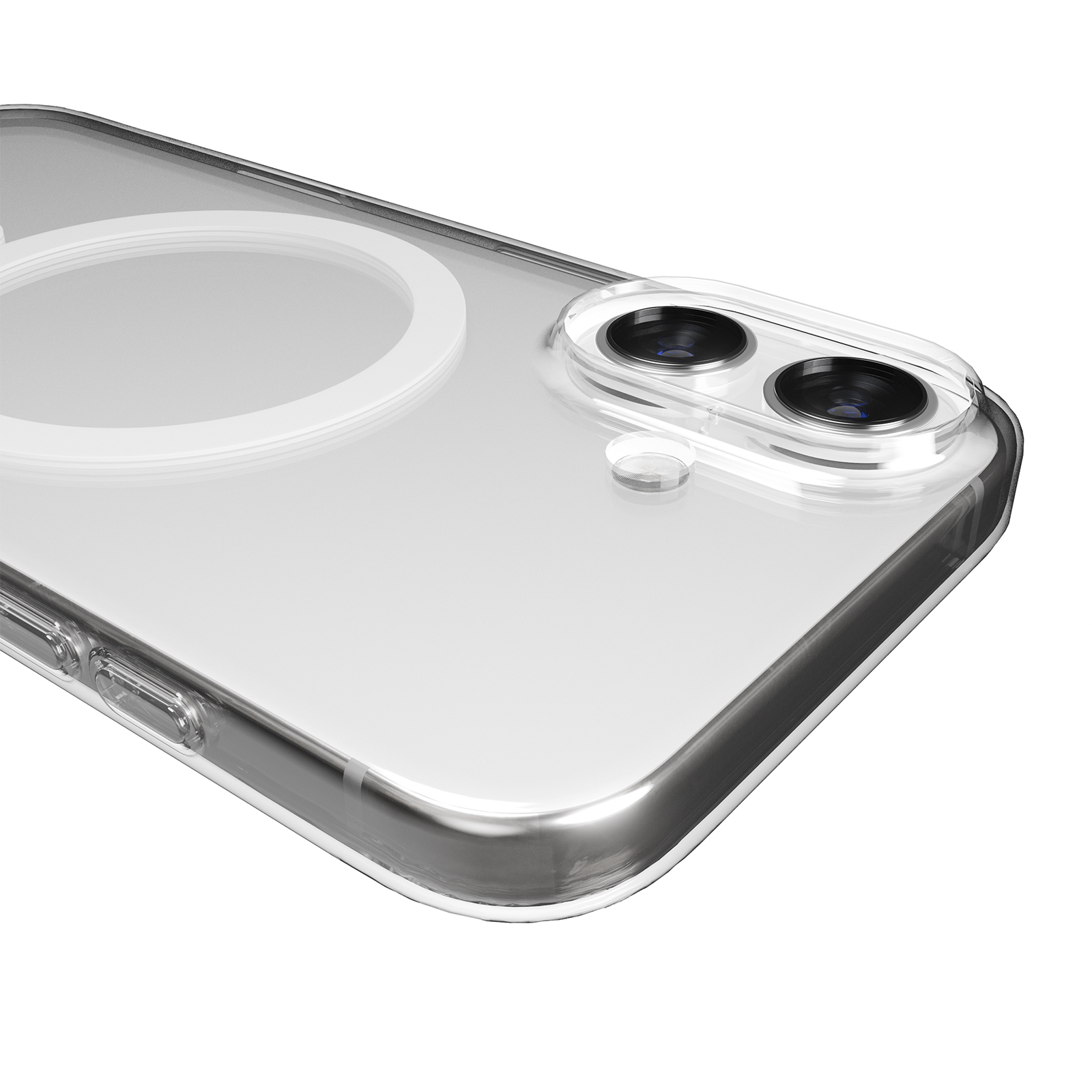 Custodia trasparente con anello magnetico e ritaglio doppia fotocamera su sfondo bianco.