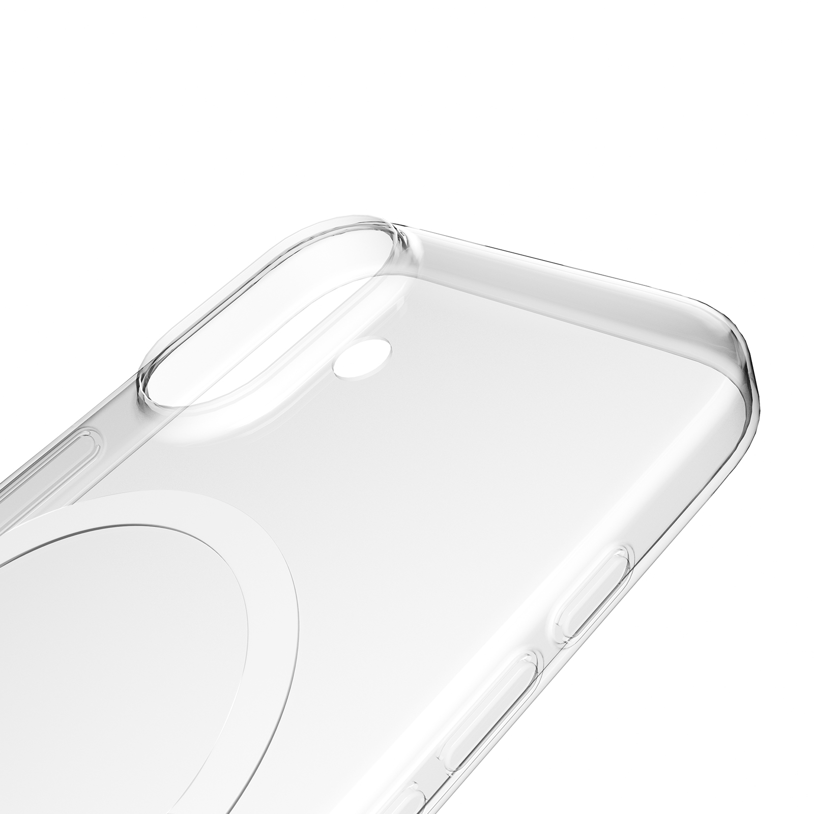 Una custodia trasparente per telefono con ritagli per pulsanti e fotocamera.