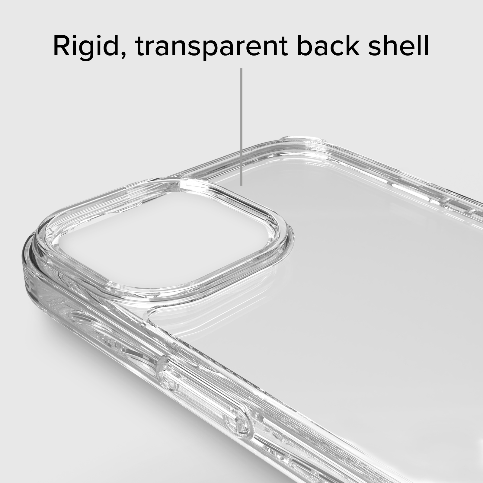 Funda rígida y transparente para teléfono con recorte para cámara.