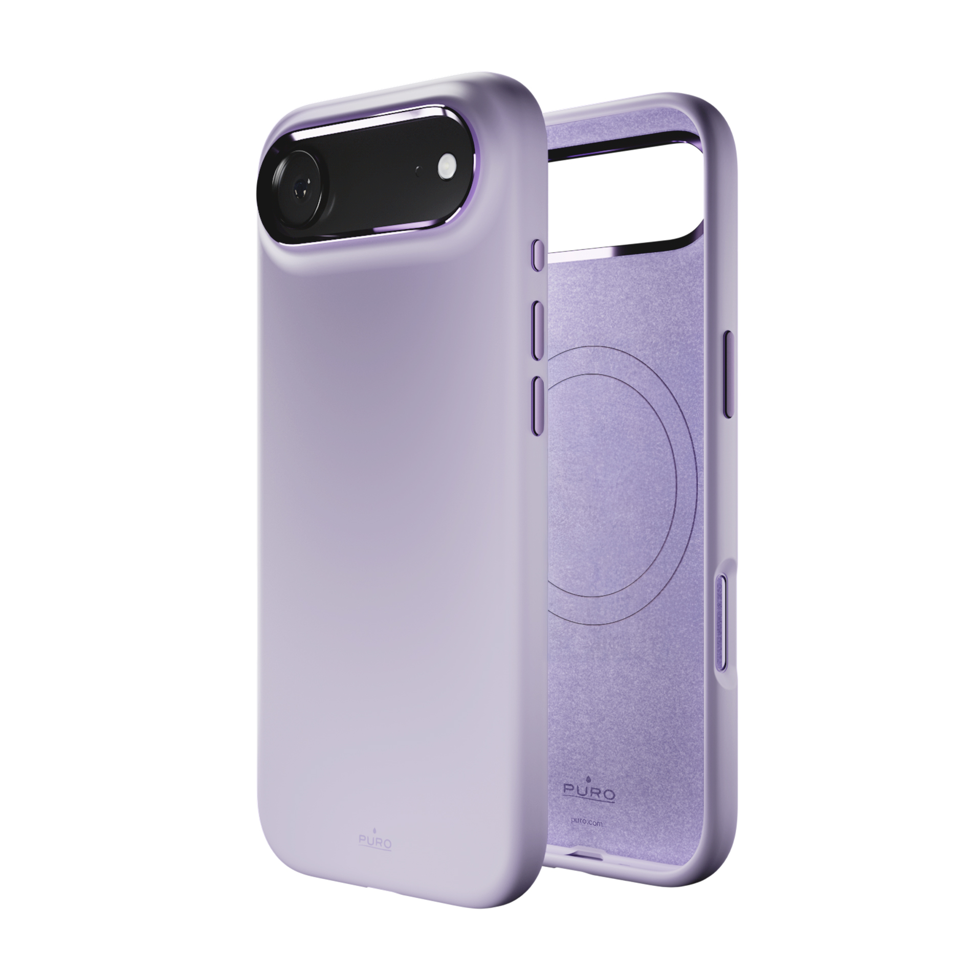 Funda morada para teléfono con recorte de cámara y logo PURO.