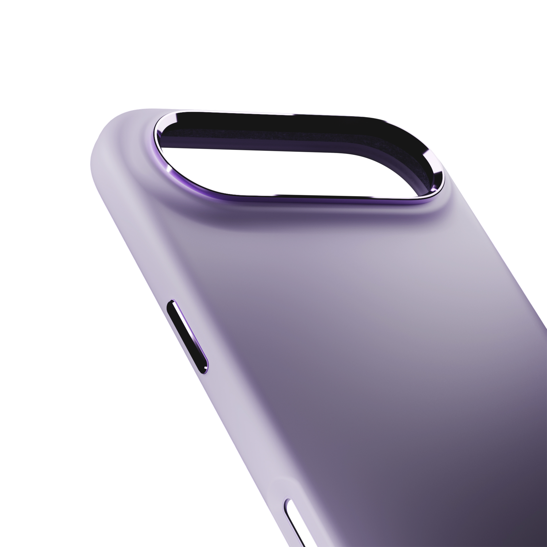 Funda morada para teléfono con borde plateado, recortes para botones.