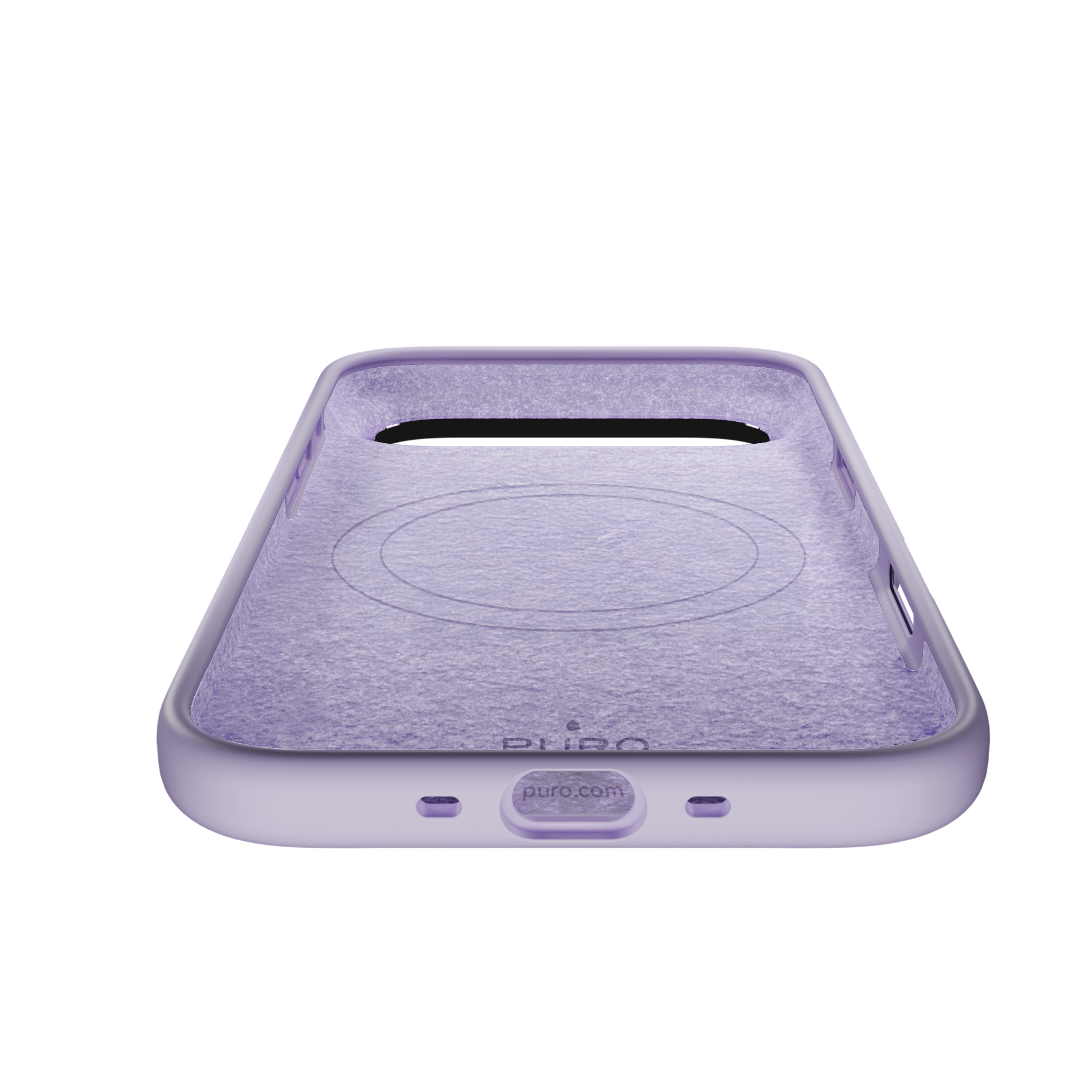 Funda morada para teléfono con interior aterciopelado y logo Puro.com.