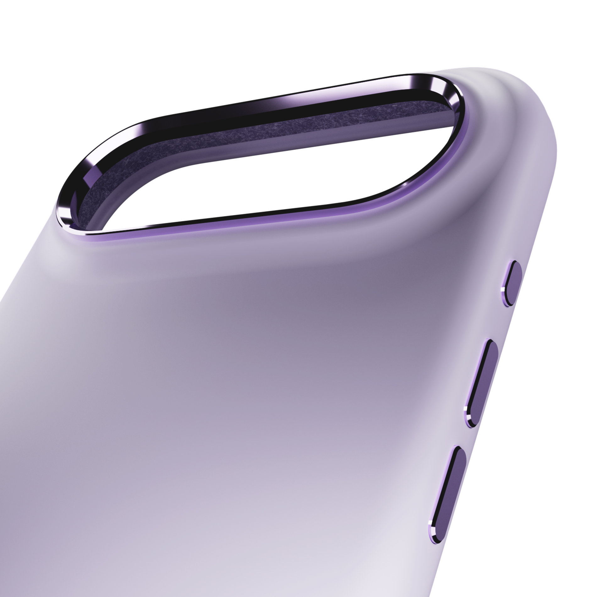 Funda de teléfono morada con borde metálico pulido y botones.
