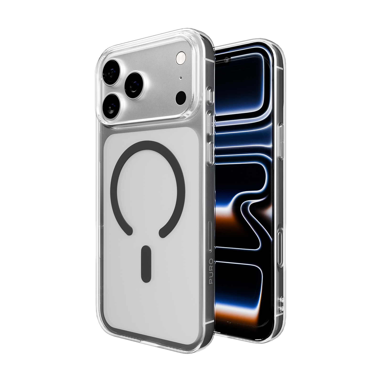 Una cover trasparente per telefono con cerchio magnetico su un telefono scuro.