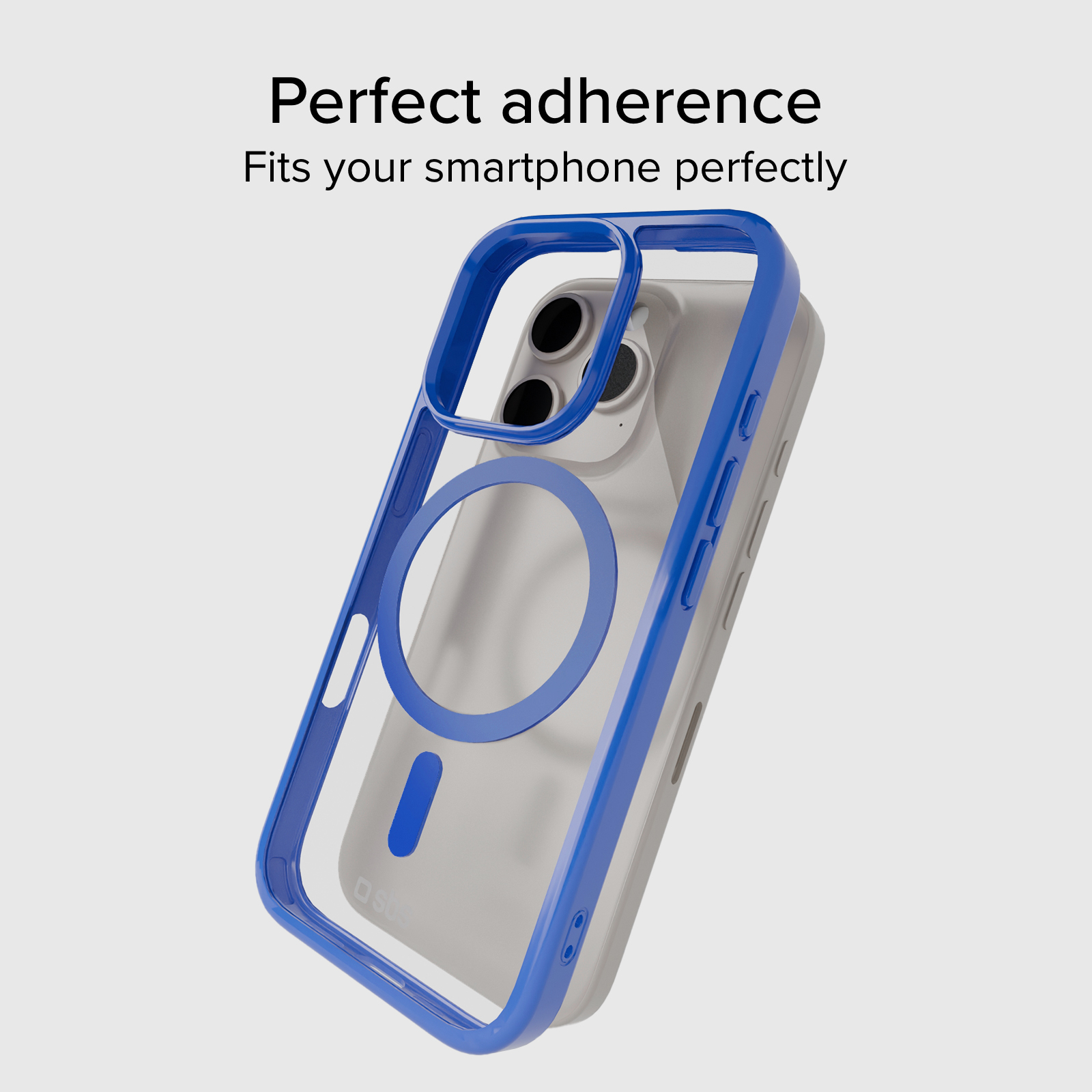 Una custodia trasparente per telefono con bordi blu e anello magnetico su sfondo grigio chiaro.