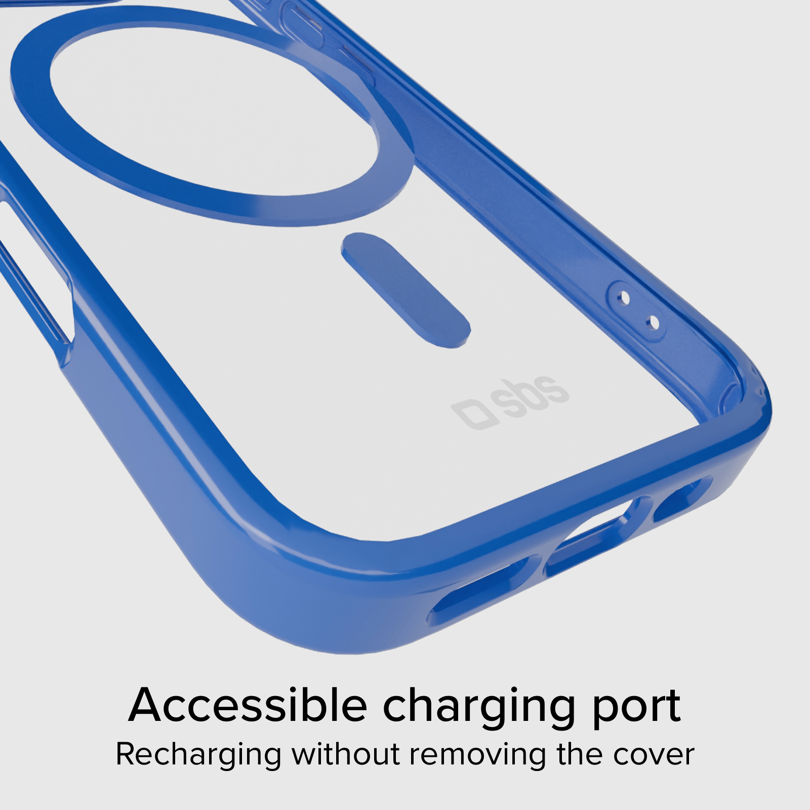 Custodia blu per telefono con anello magnetico e porta di ricarica.