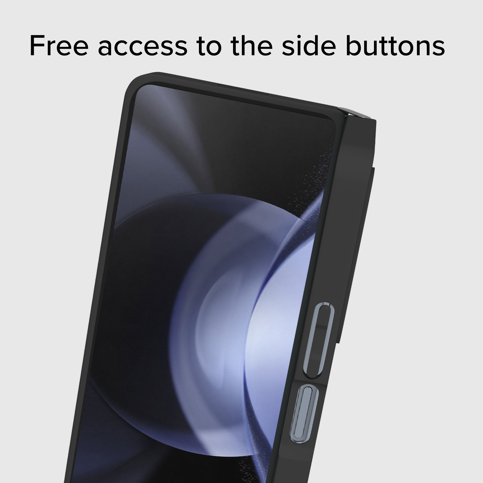 Primo piano di una custodia nera per telefono con pulsanti laterali e schermo scuro.
