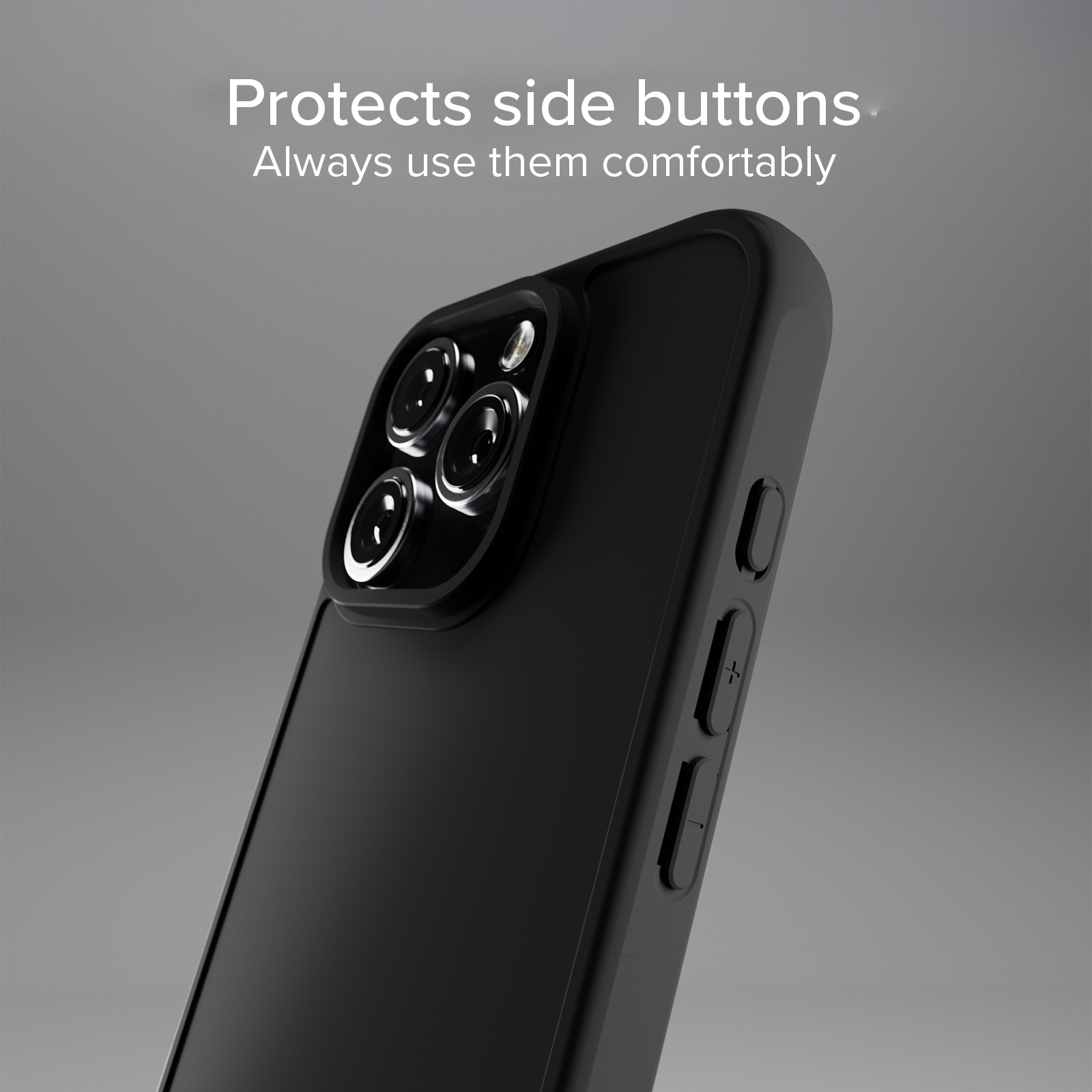 Funda negra para teléfono con tres cámaras y botones laterales.