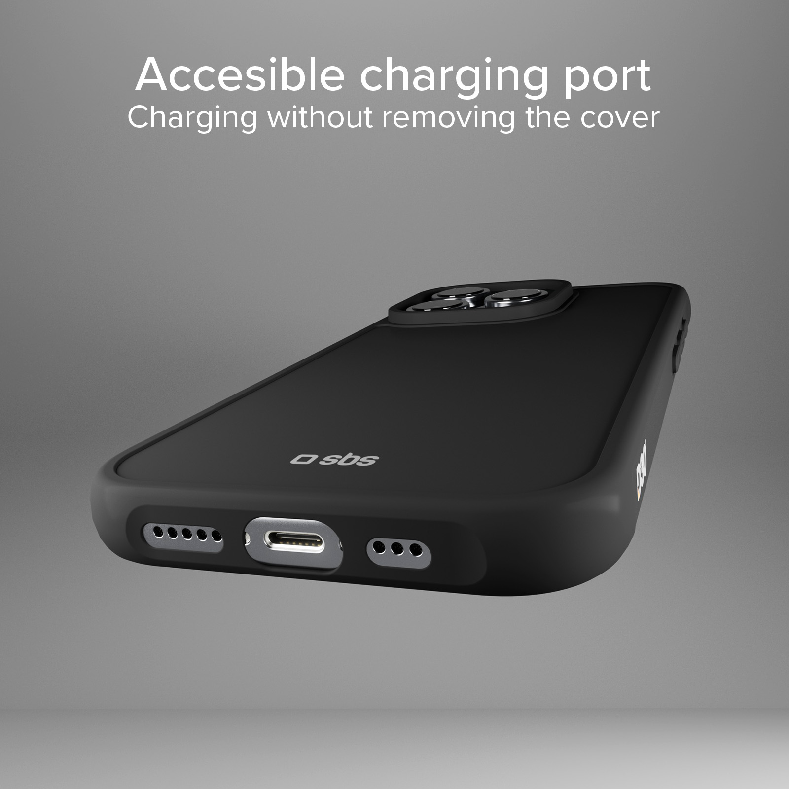 Funda de teléfono negra con puerto de carga y orificios para altavoz visibles.