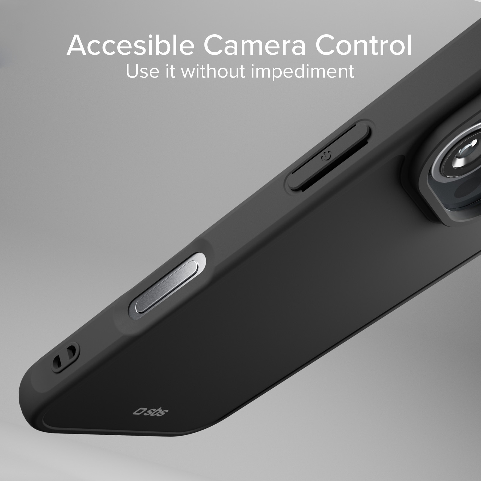 Se muestra una funda de teléfono negra con botones plateados y lente de cámara.