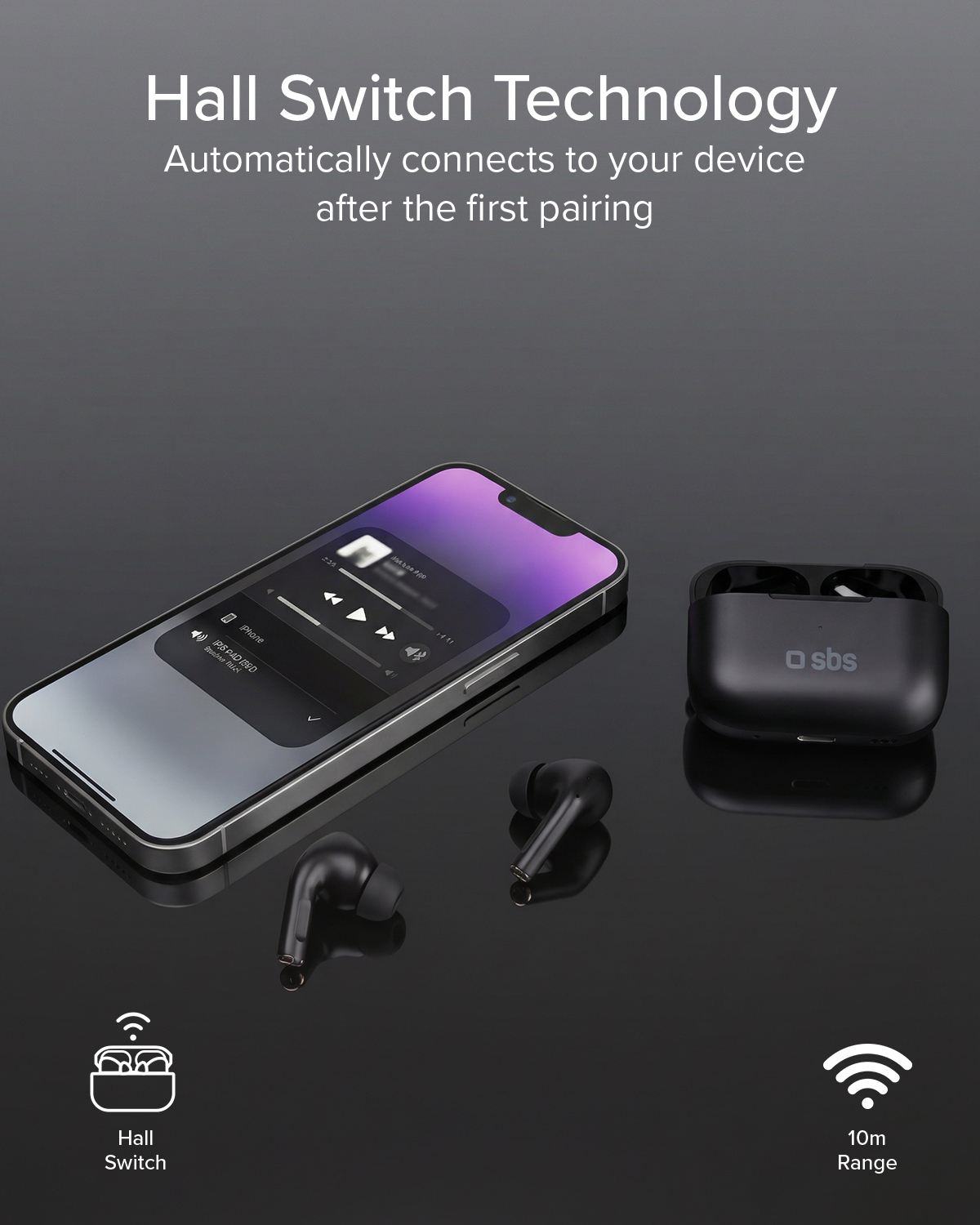 Smartphone nero con auricolari e custodia di ricarica. Testo: Hall Switch Technology.
