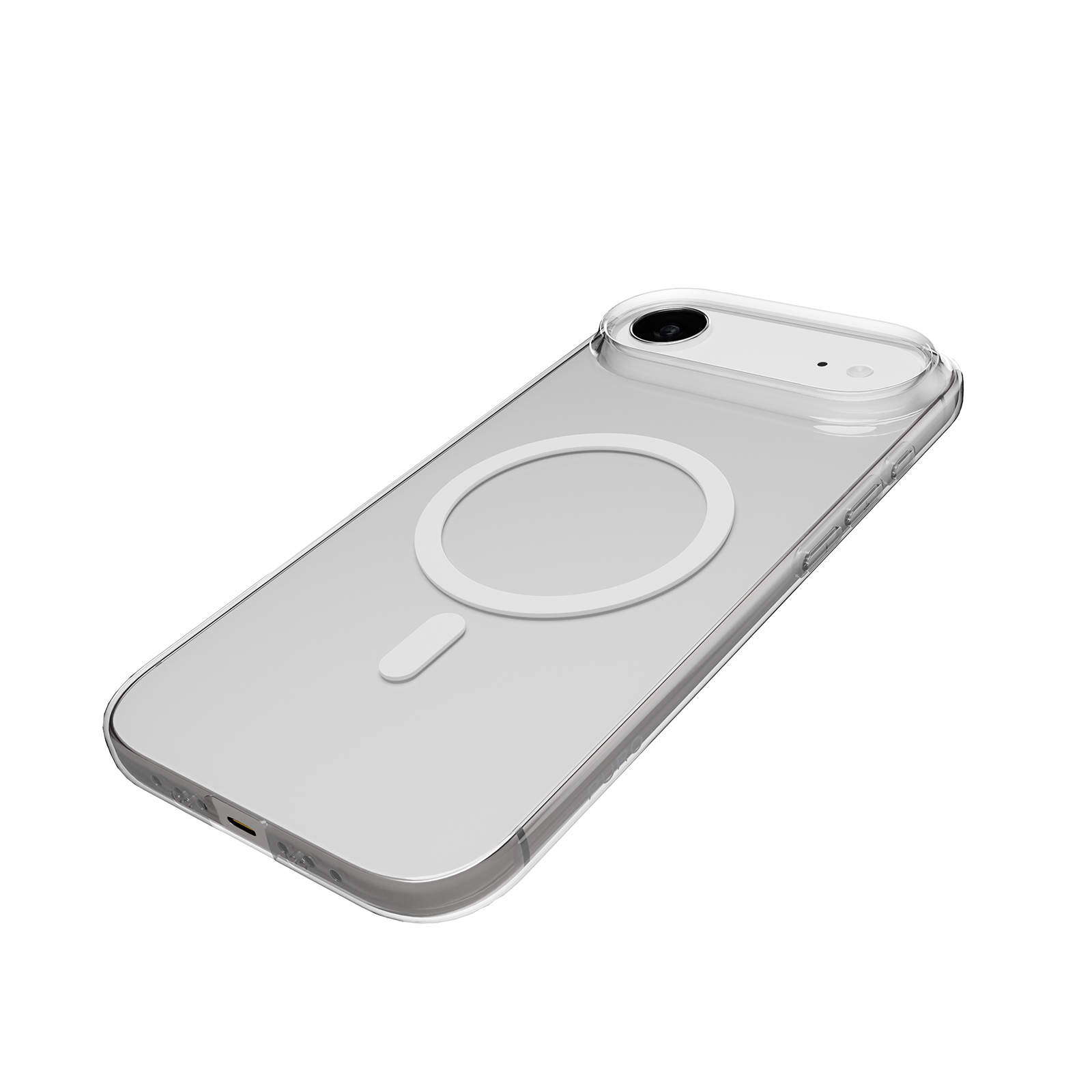 Custodia trasparente con cerchio bianco e trattino su un telefono.