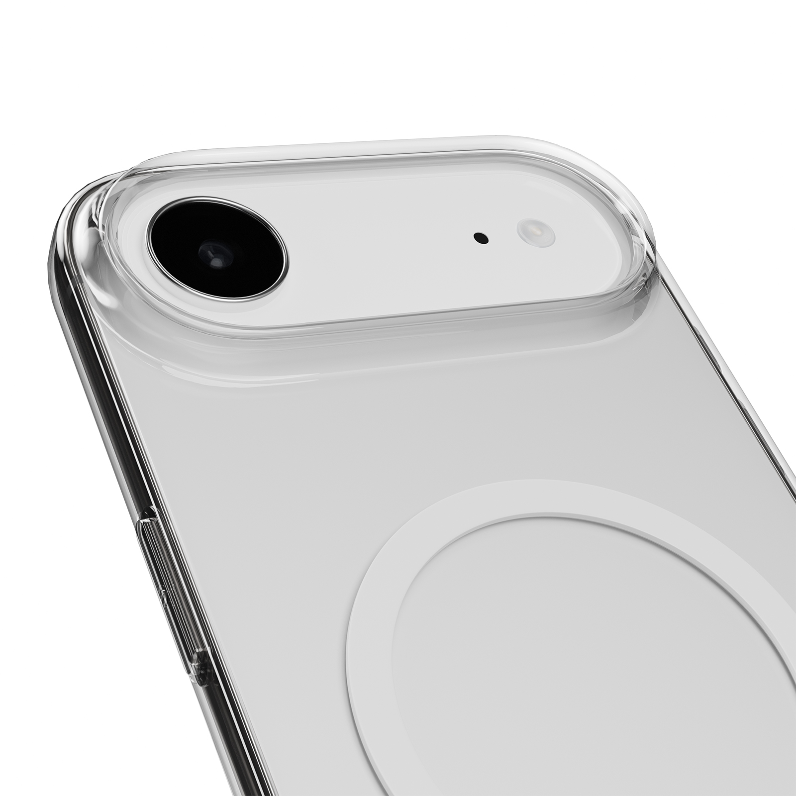 Primo piano di uno smartphone bianco con custodia trasparente, che mostra fotocamera e flash.