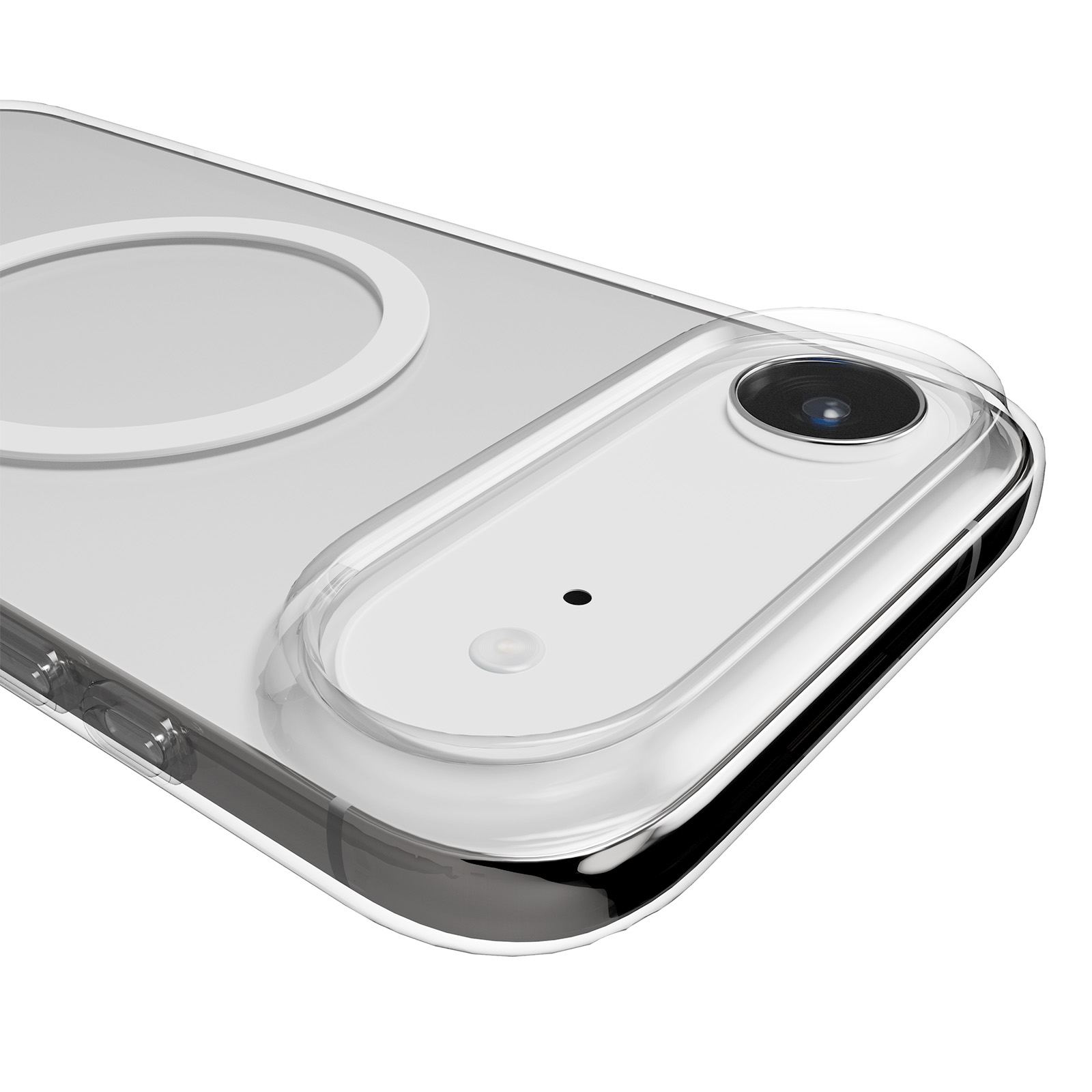 Primo piano di una custodia trasparente per telefono con modulo fotocamera e anello su sfondo bianco.