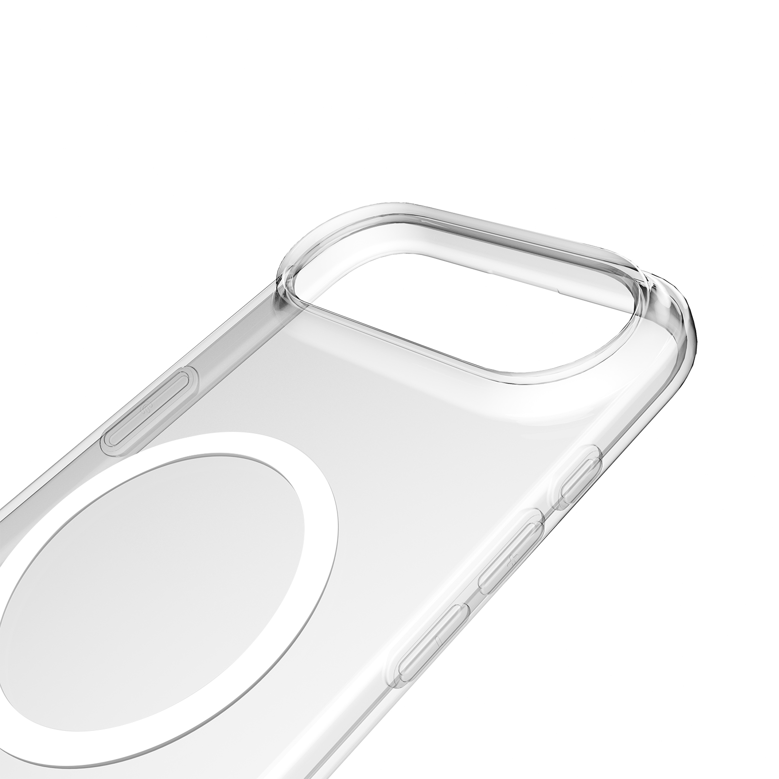 Custodia trasparente per telefono con anello magnetico, pulsanti bianchi, ritaglio bianco.