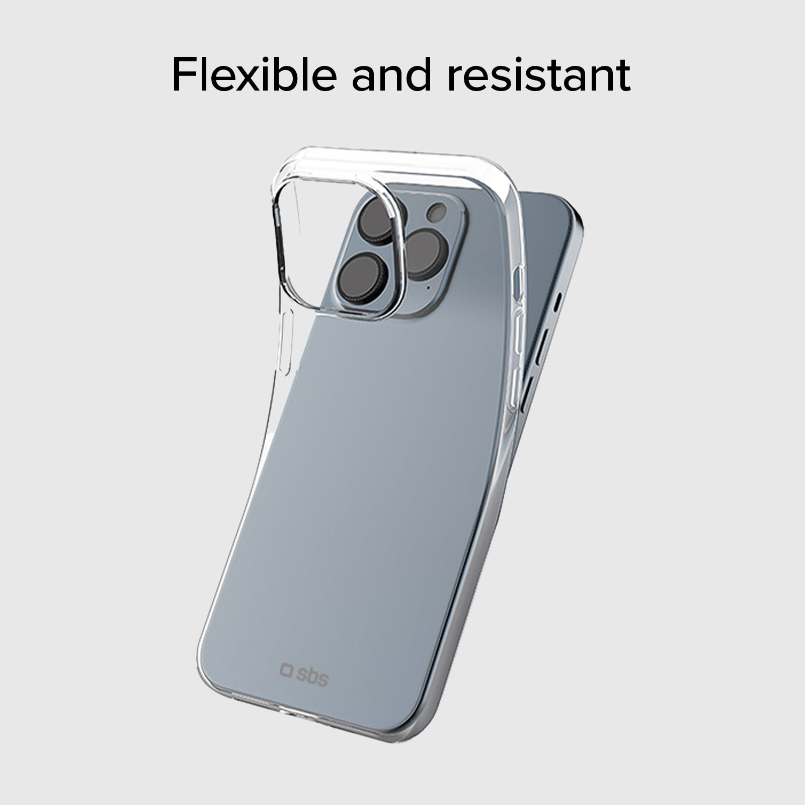 Una cover trasparente per telefono su un grigio con tre obiettivi e logo 'sbs'.