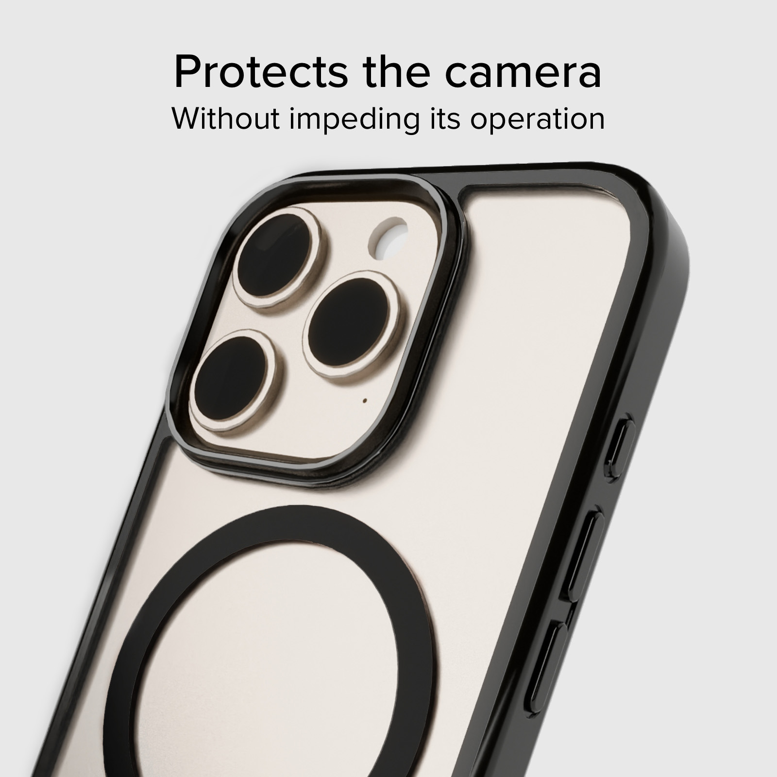 Custodia nera per iPhone con protezione fotocamera e anello magnetico.