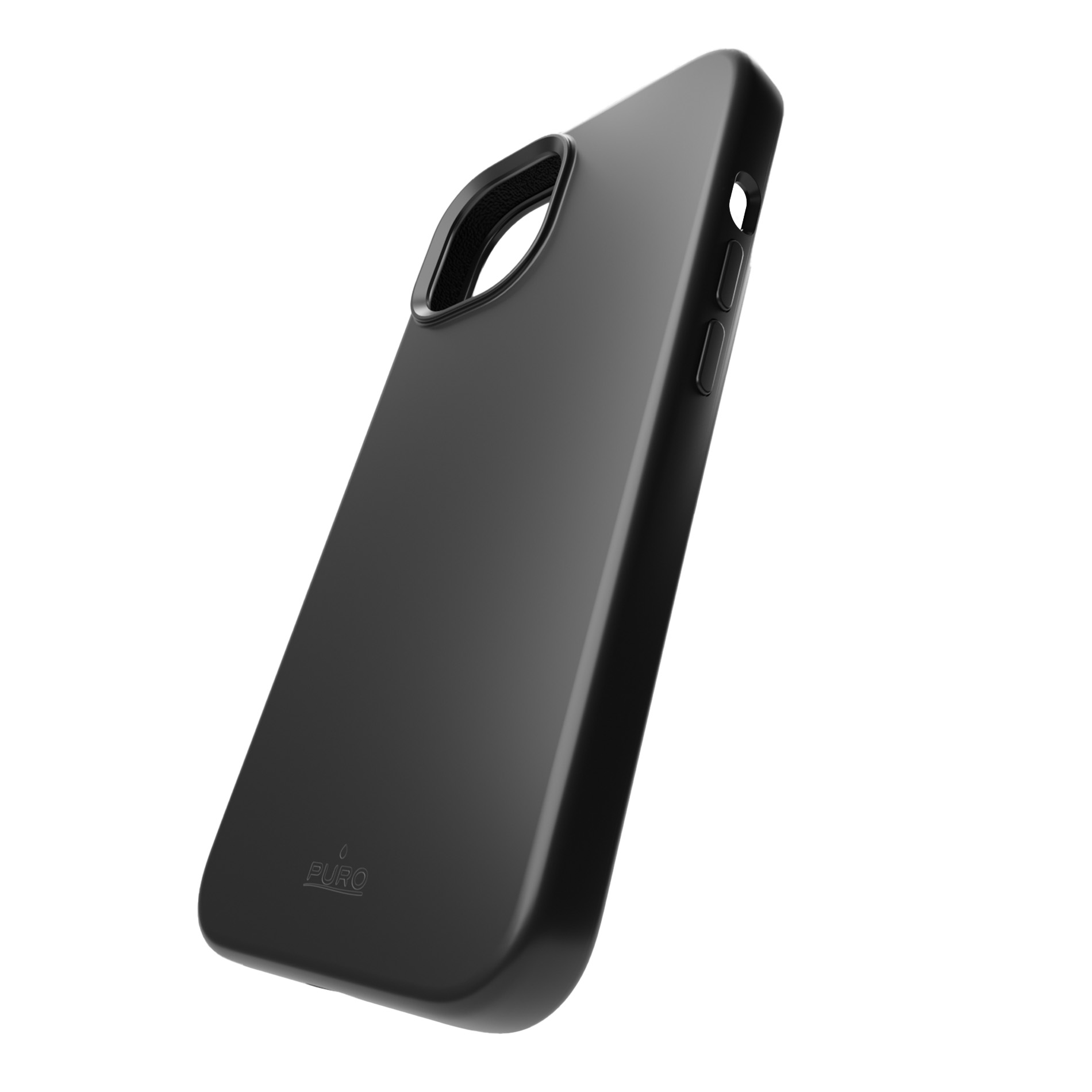 Custodia nera per telefono con logo Puro, pulsanti laterali e foro fotocamera.