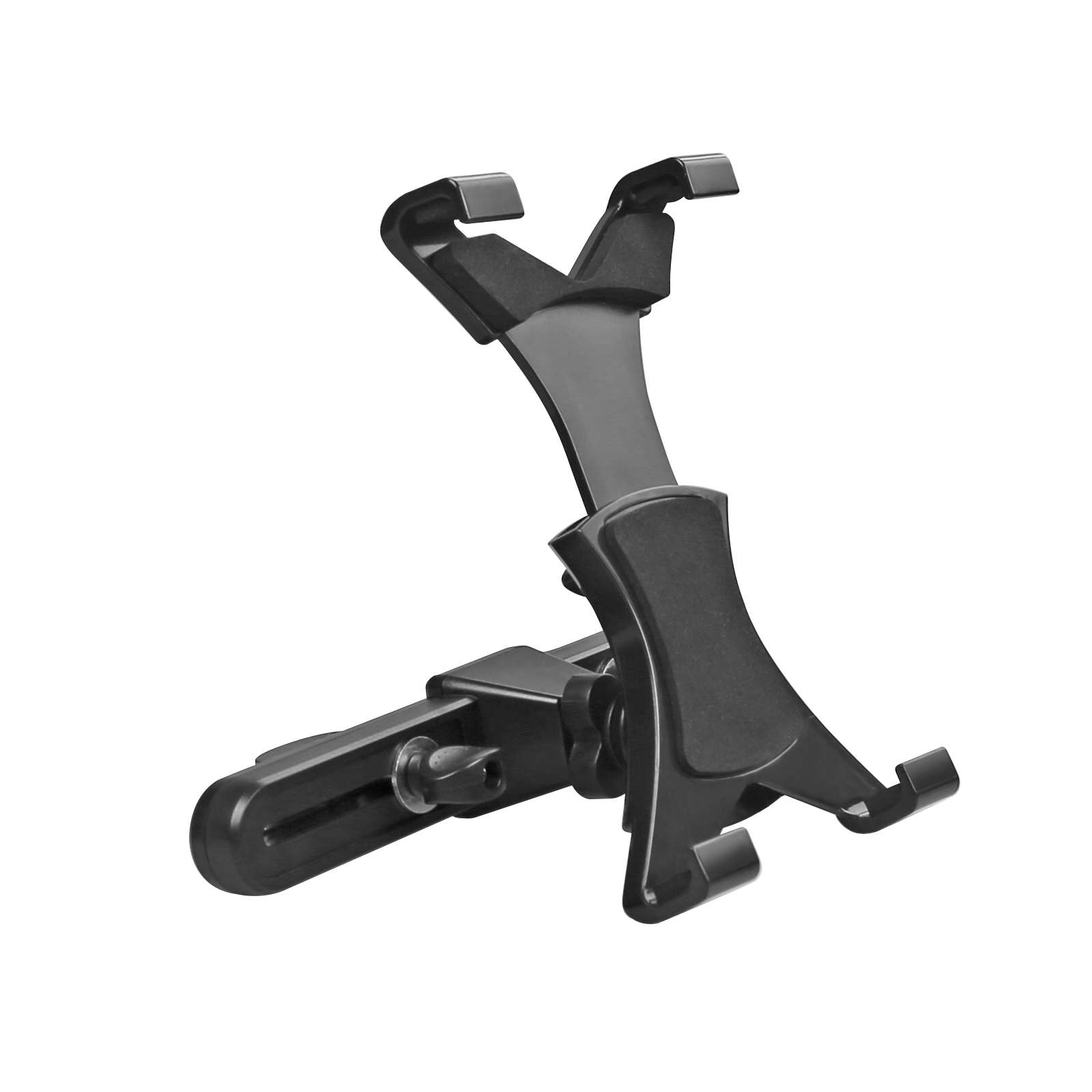 Un soporte negro para tableta con brazos ajustables y abrazadera.