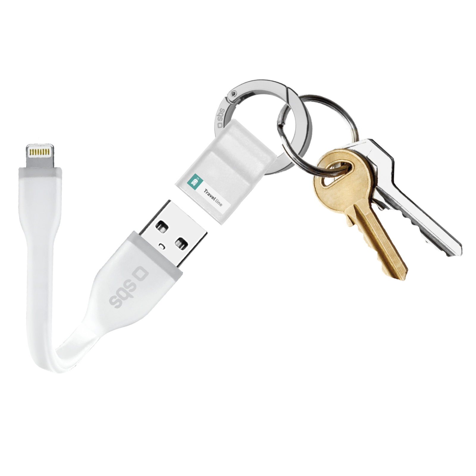 Un cable de carga blanco con conectores Lightning y USB, en un llavero con llaves.