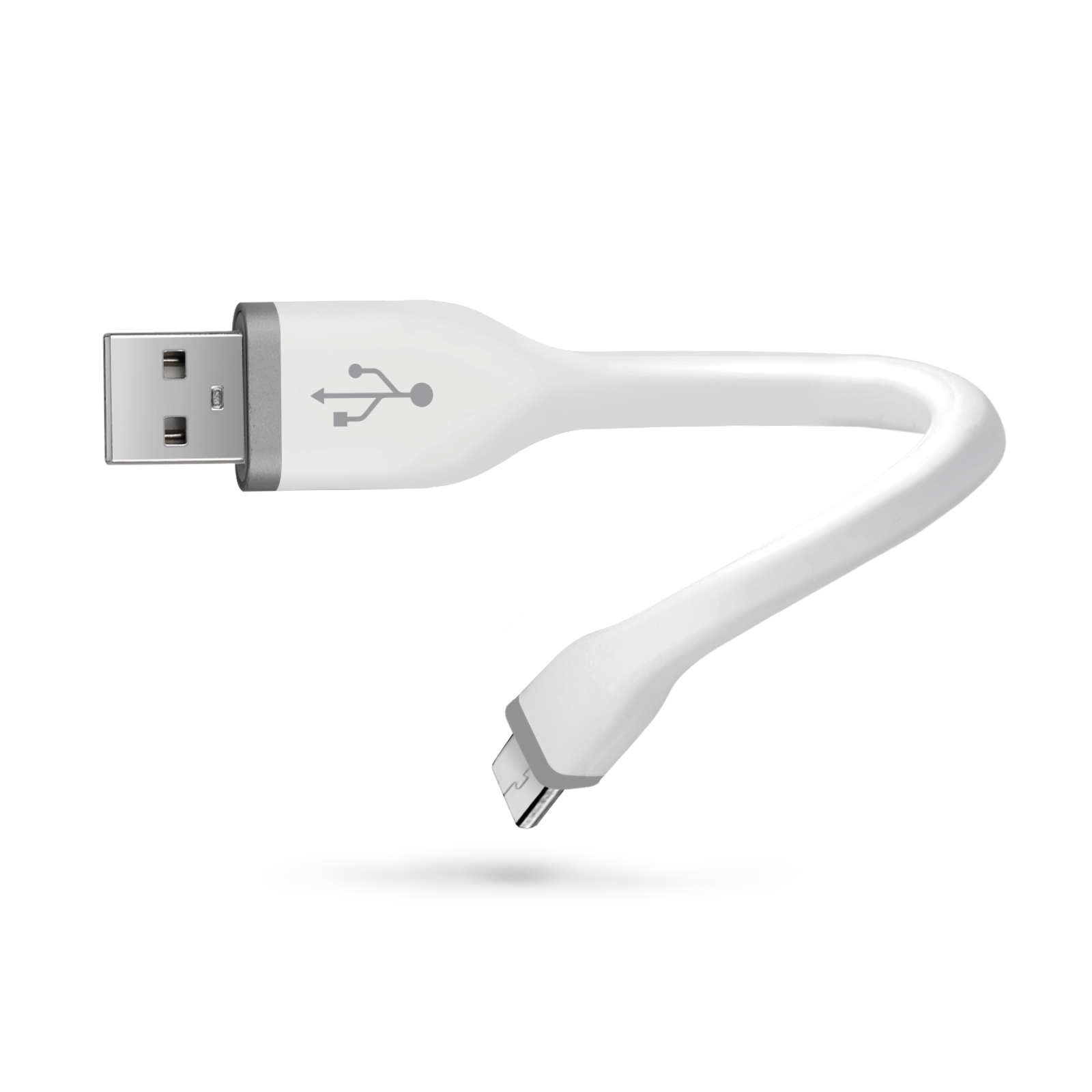 Un cable USB blanco con conectores plateados y un símbolo USB.