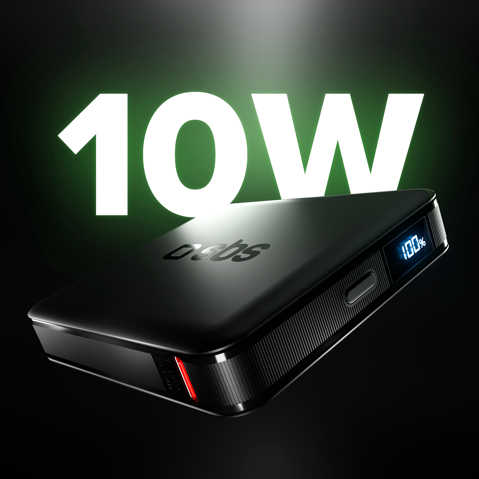 Power bank nera con scritta 10W e indicatore batteria al 100%.