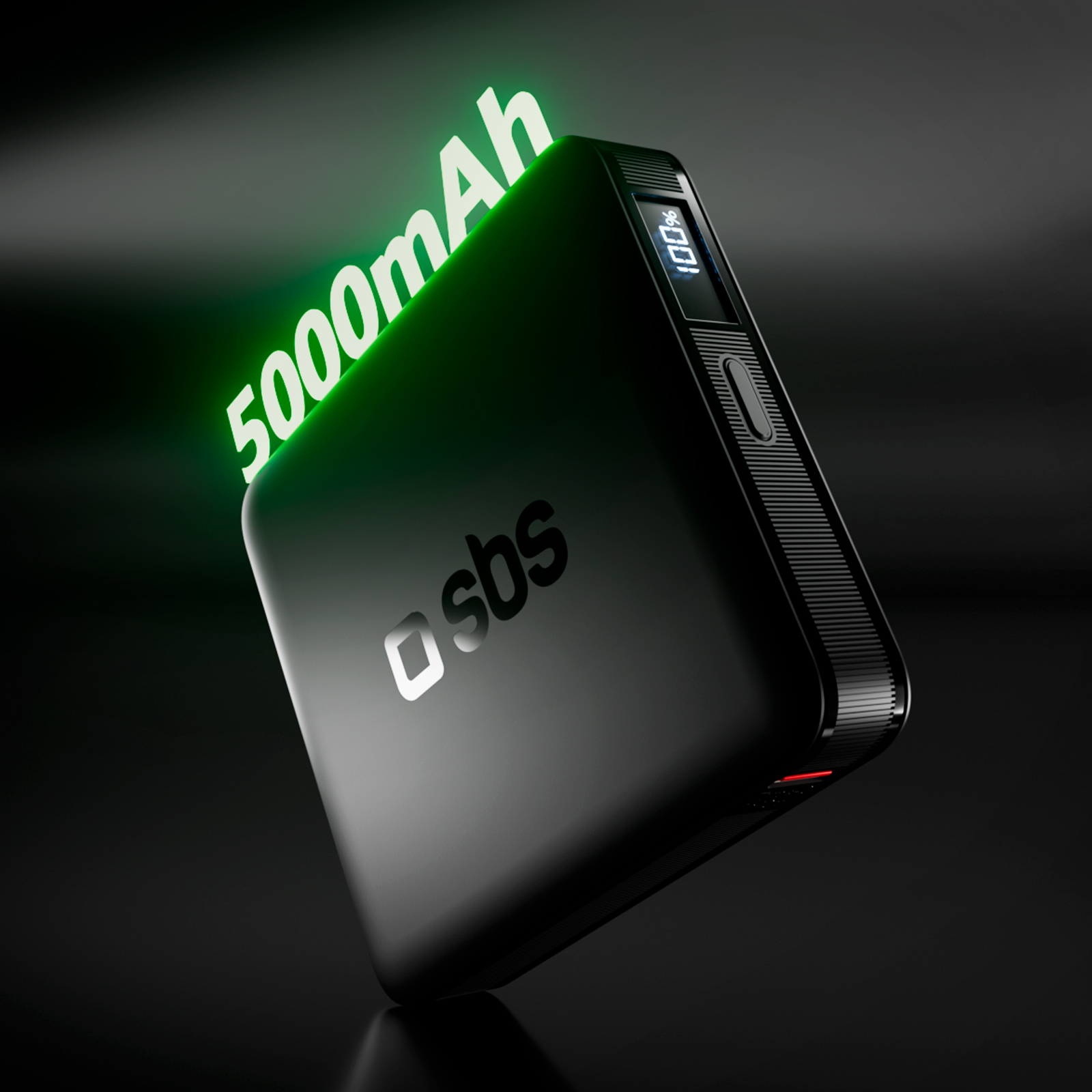 Power bank nero da 5000mAh con indicatore di carica al 100%.