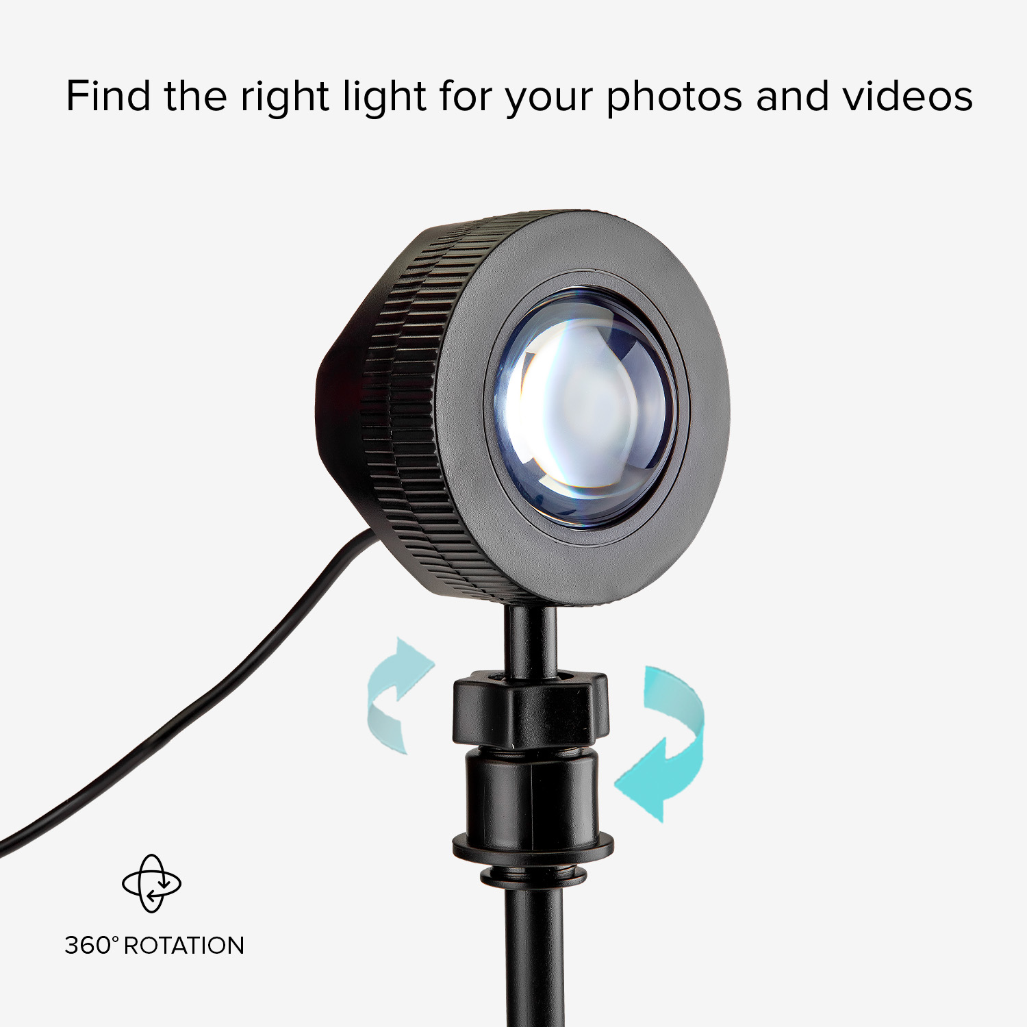 Cabezal de lámpara negro con lente, giratorio 360 grados.