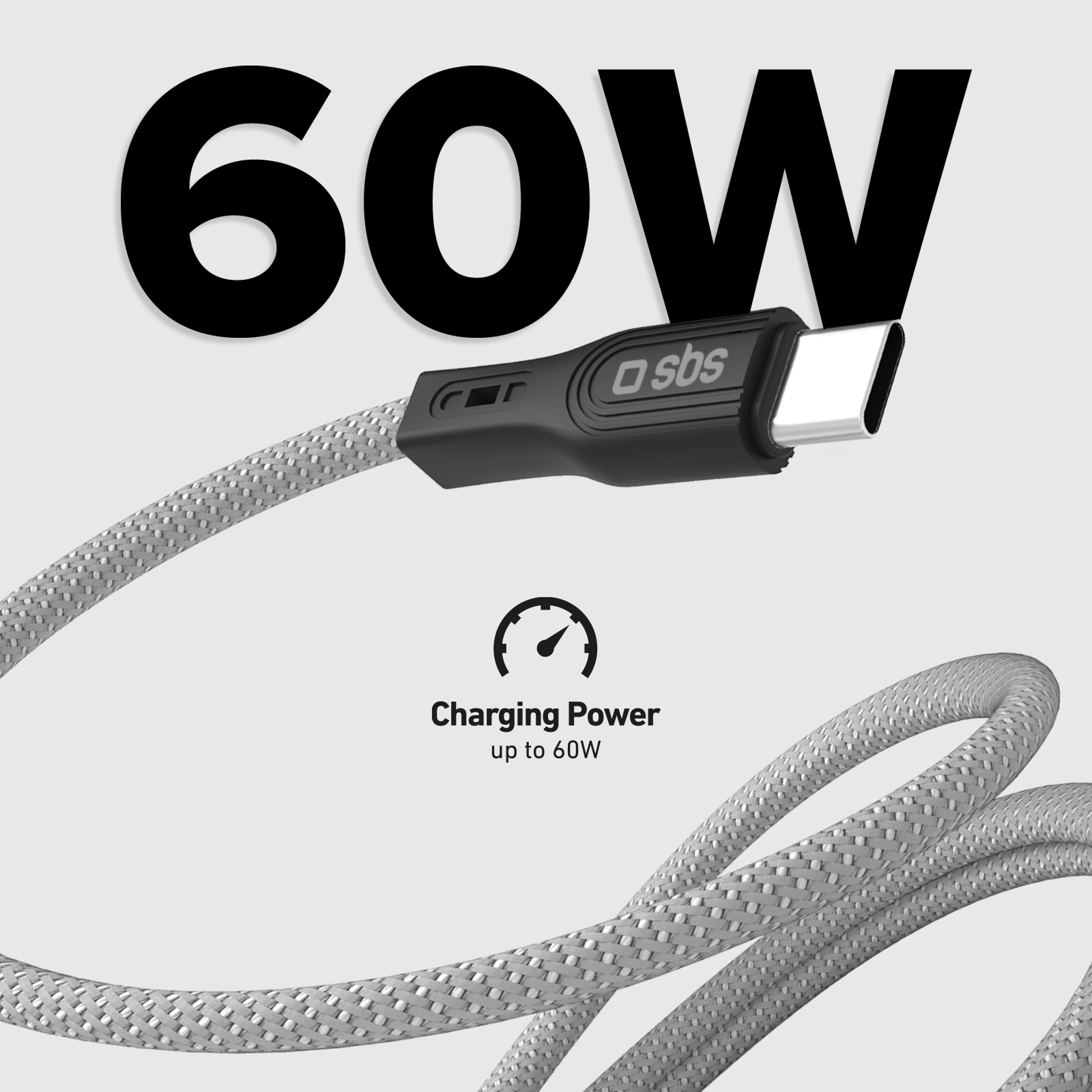 Un cable USB-C gris con conector negro, que muestra "60W".