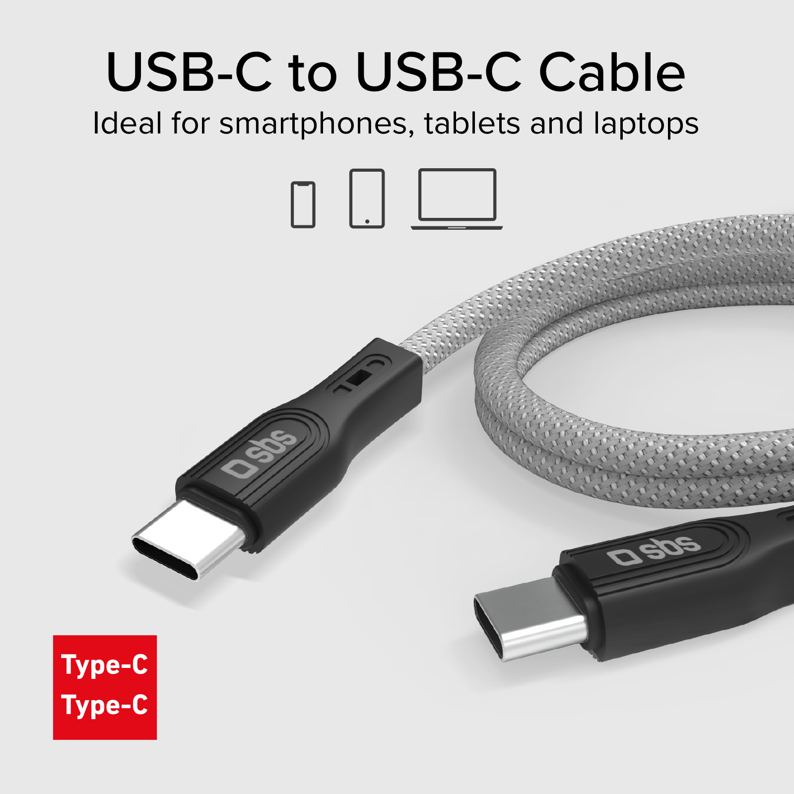 Cable USB-C a USB-C trenzado gris con conectores negros, ideal para dispositivos.
