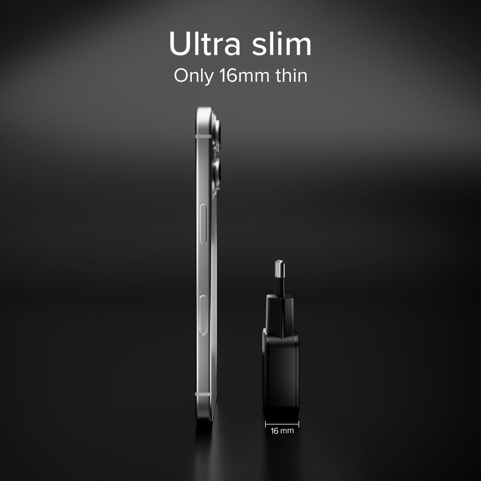 Un smartphone plateado y un adaptador de corriente negro se muestran uno al lado del otro.