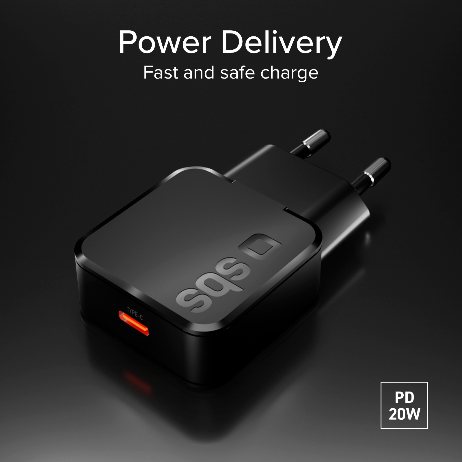 Cargador negro SBS con luz roja Tipo-C y símbolo PD de 20W.