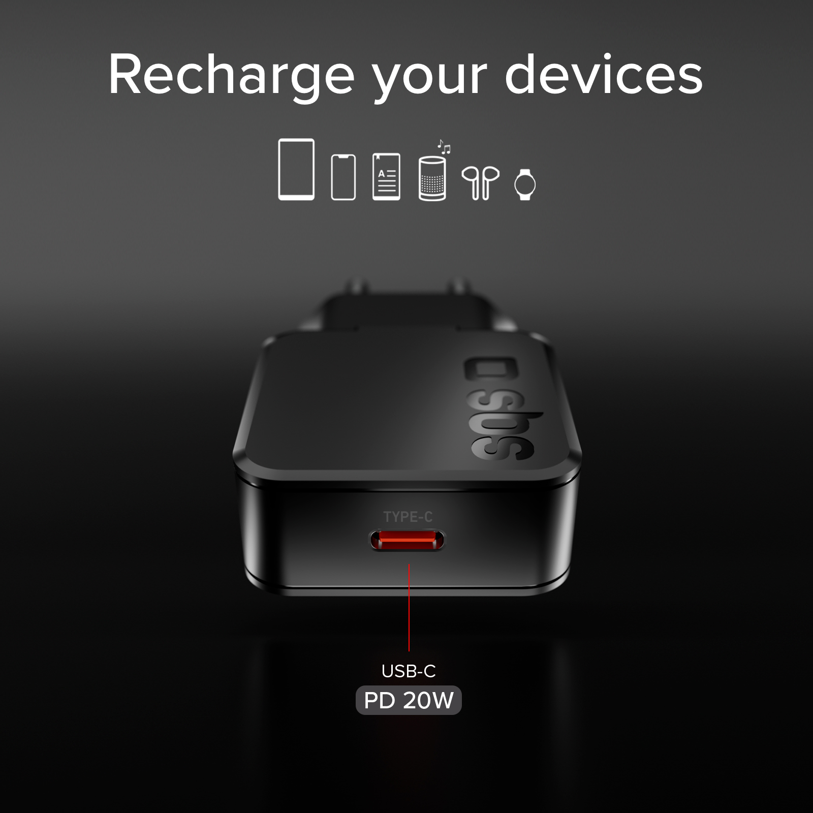 Cargador negro con puerto USB-C, PD 20W. Iconos de dispositivos arriba.