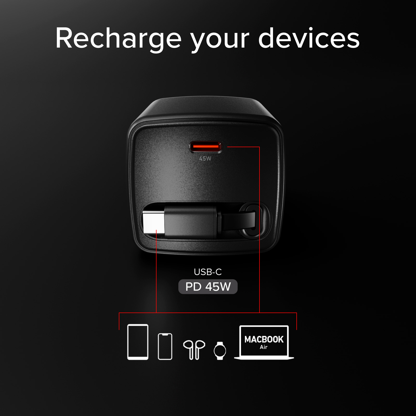 Adaptador de cargador negro con luz indicadora roja y puerto USB-C.