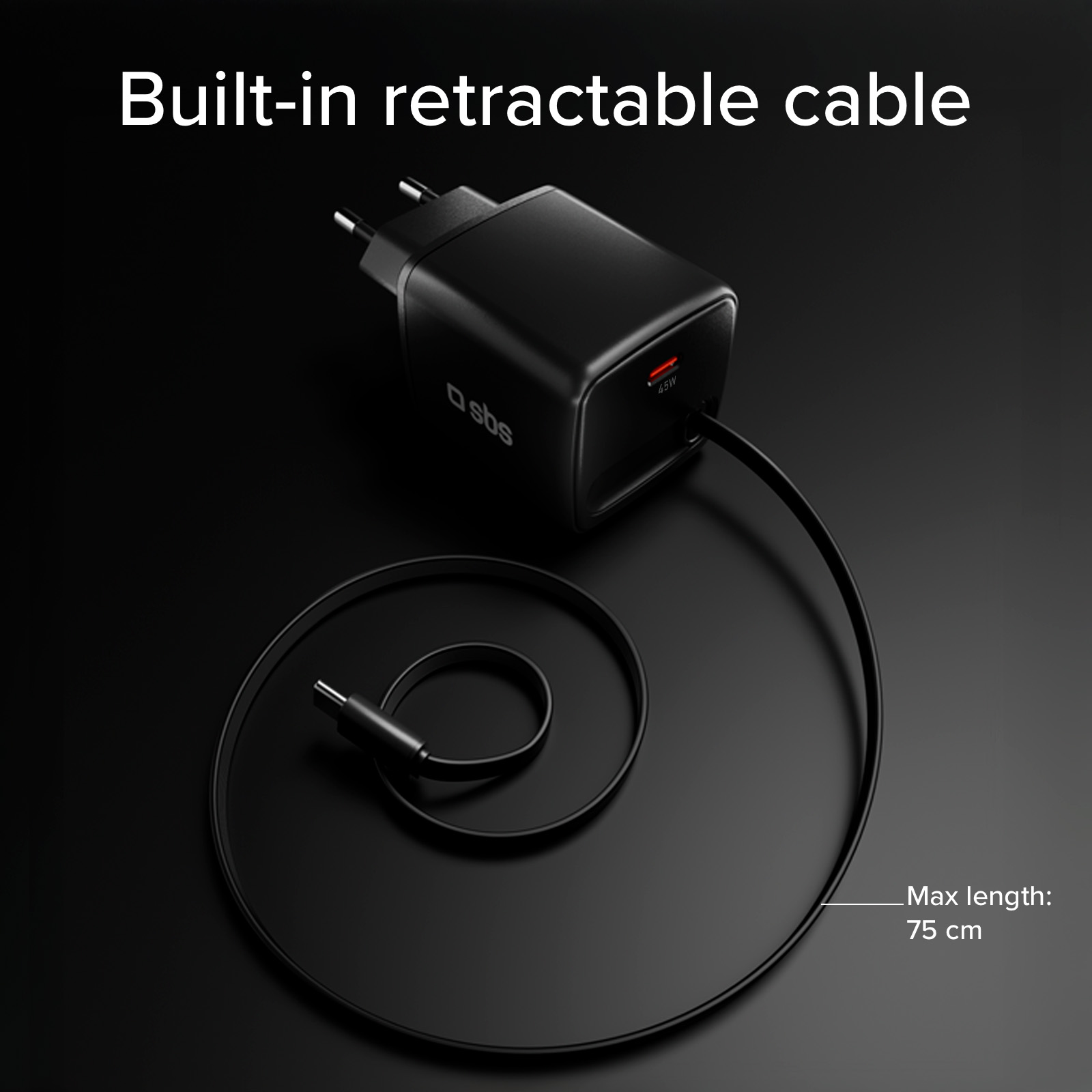 Cargador negro con cable retráctil y conector USB-C. Longitud máx. 75 cm.