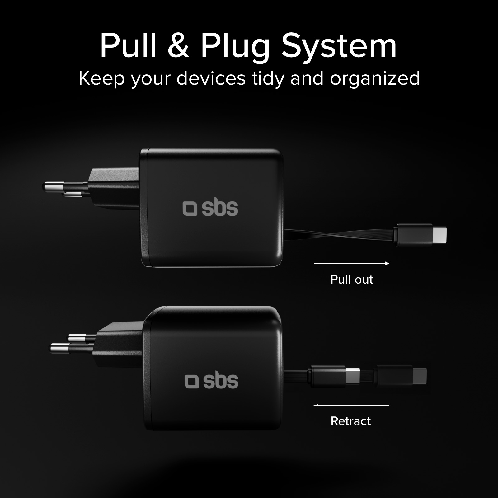 Adaptador de corriente SBS negro con cable retráctil, mostrado extendido y recogido.