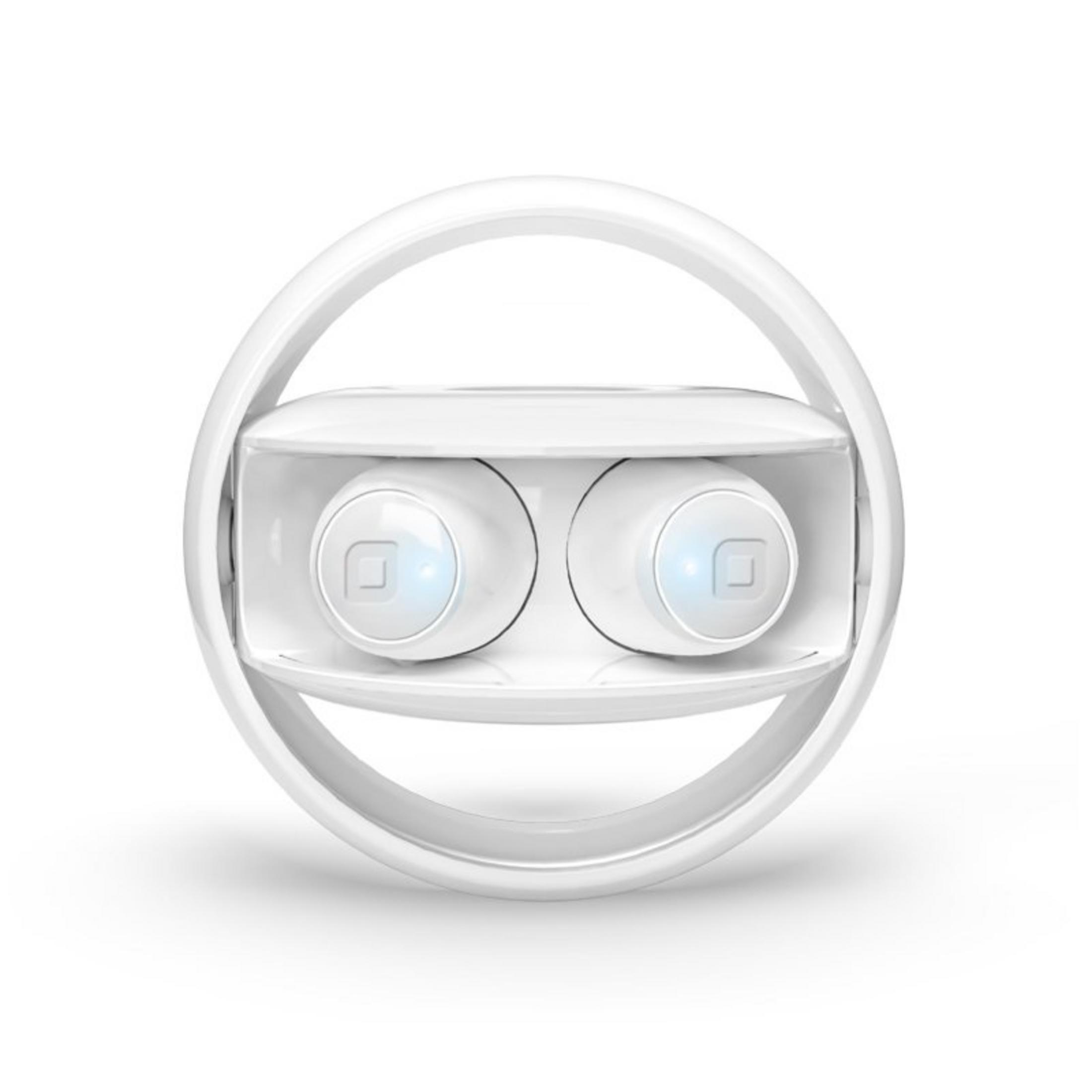 Un dispositivo bianco e rotondo con due pulsanti blu luminosi e una maniglia.