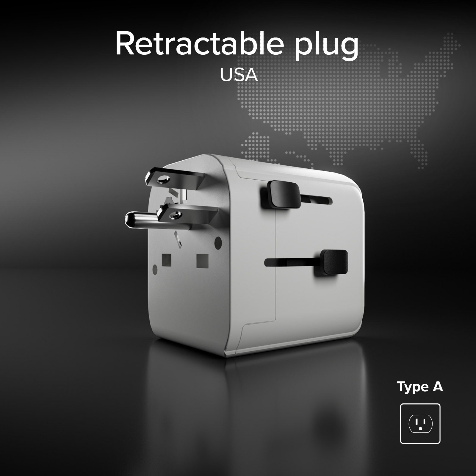 Un adattatore da viaggio bianco per gli USA con spine retrattili su sfondo scuro.