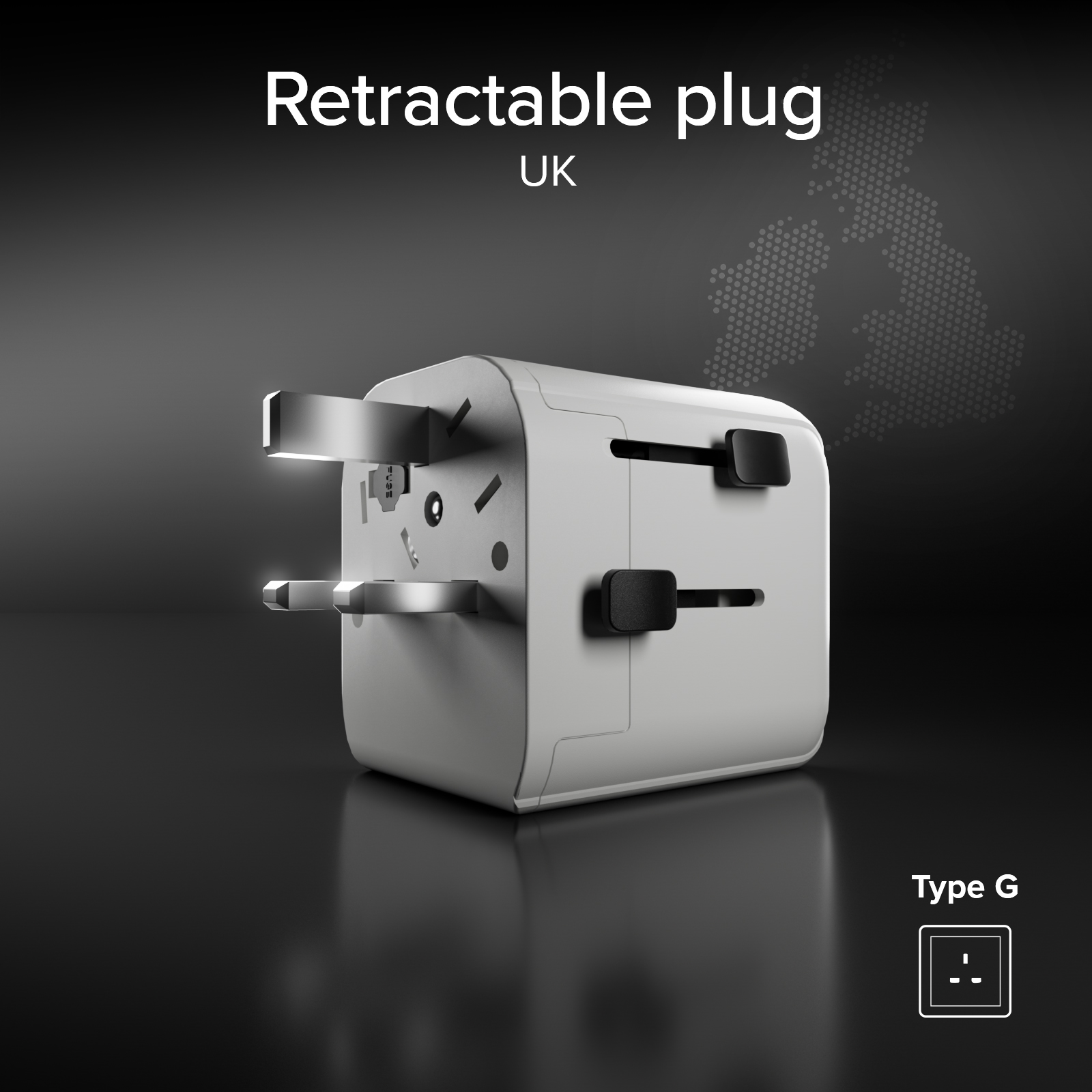 Un adattatore da viaggio bianco con spina UK retrattile su sfondo scuro.