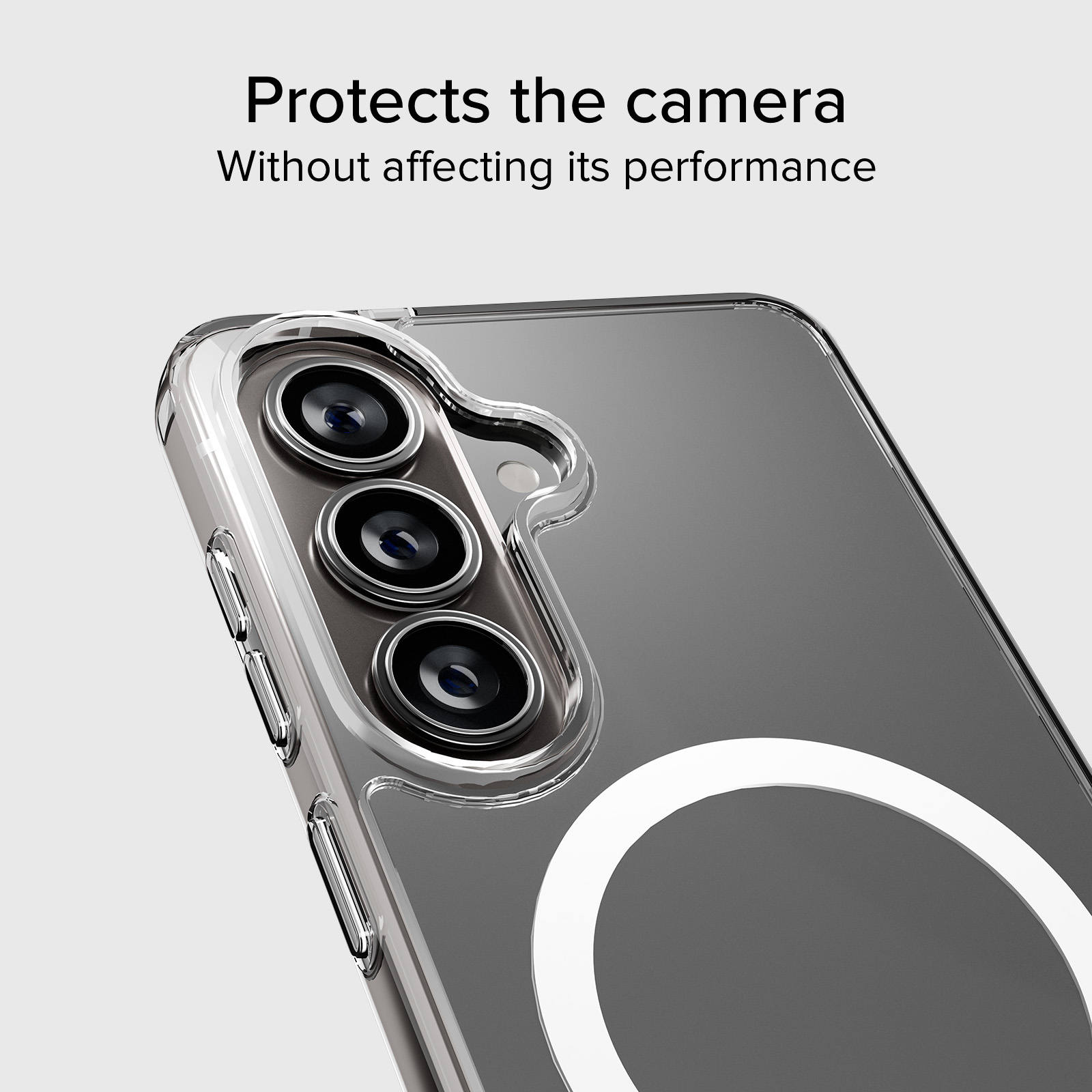 Custodia trasparente protegge le fotocamere, con elementi di design ad anello bianco.