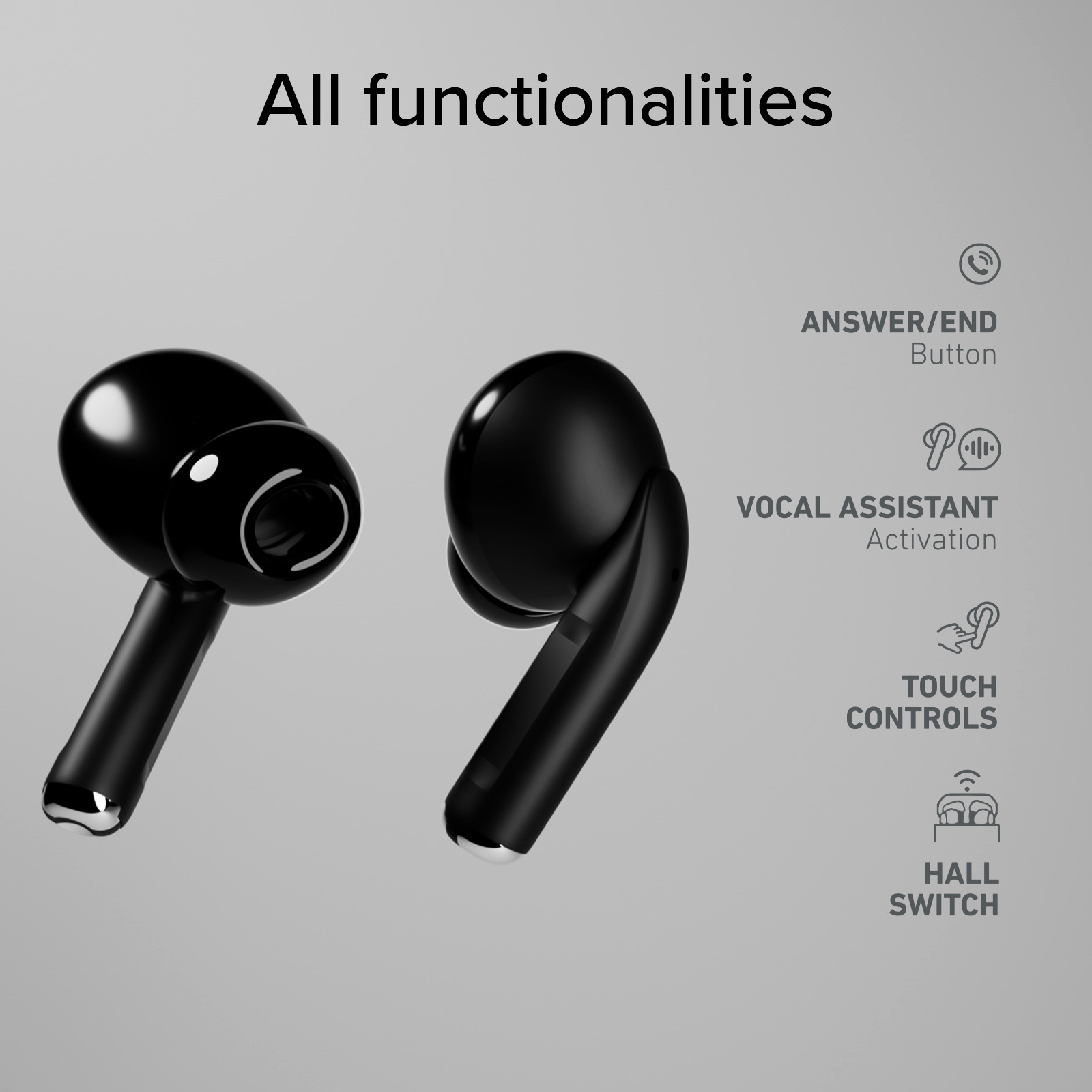 Due auricolari wireless neri con funzioni come risposta/fine, assistente vocale e controlli touch.