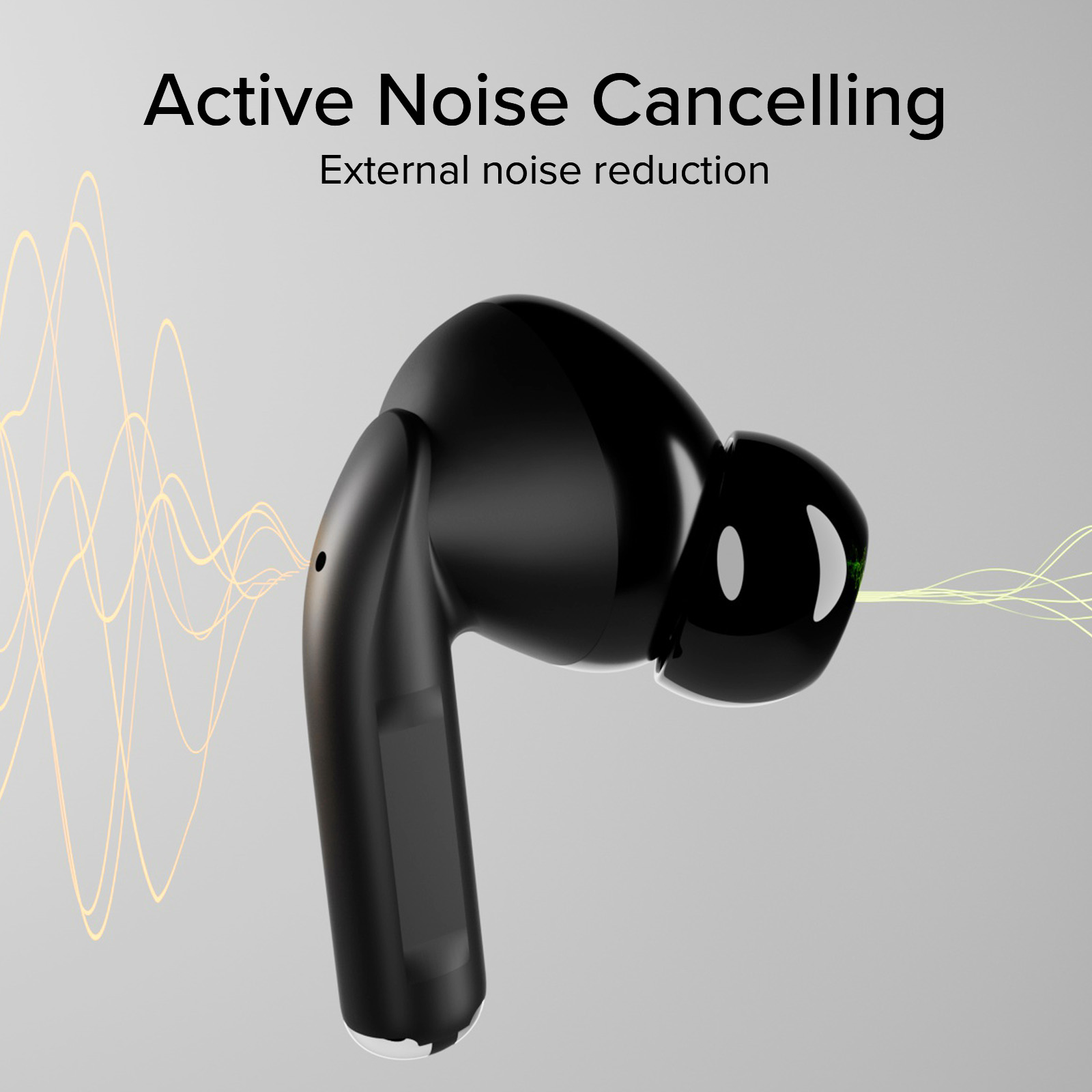 Auricolare nero con cancellazione attiva del rumore e onde sonore.