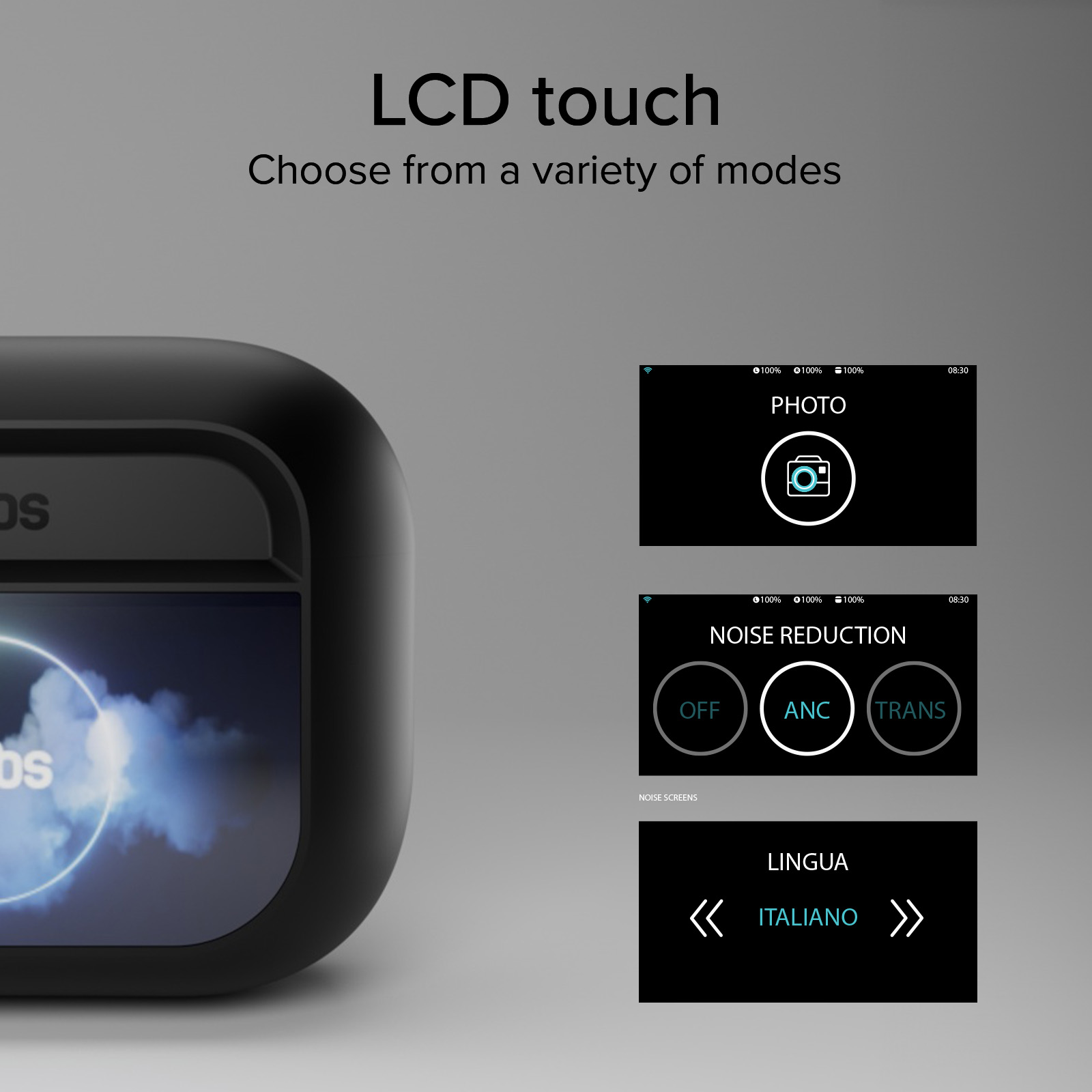 Un dispositivo nero mostra schermi LCD con modalità foto, riduzione del rumore e lingua.