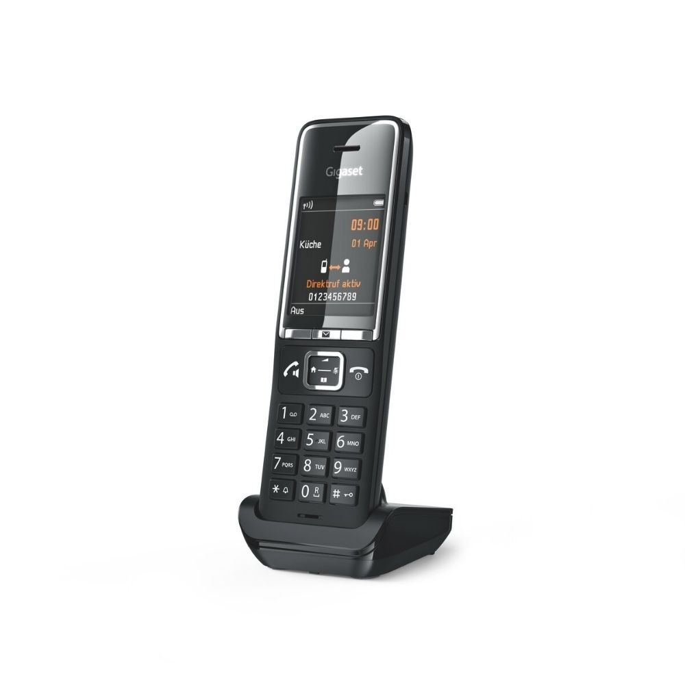 Un telefono cordless Gigaset con base nera e display illuminato.