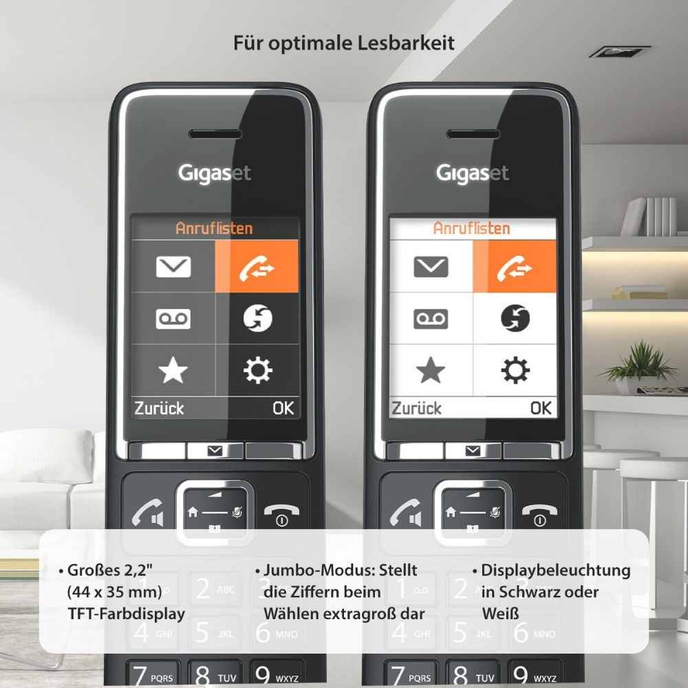 Due telefoni Gigaset con display a colori e opzioni di menu. Uno con selezione arancione.