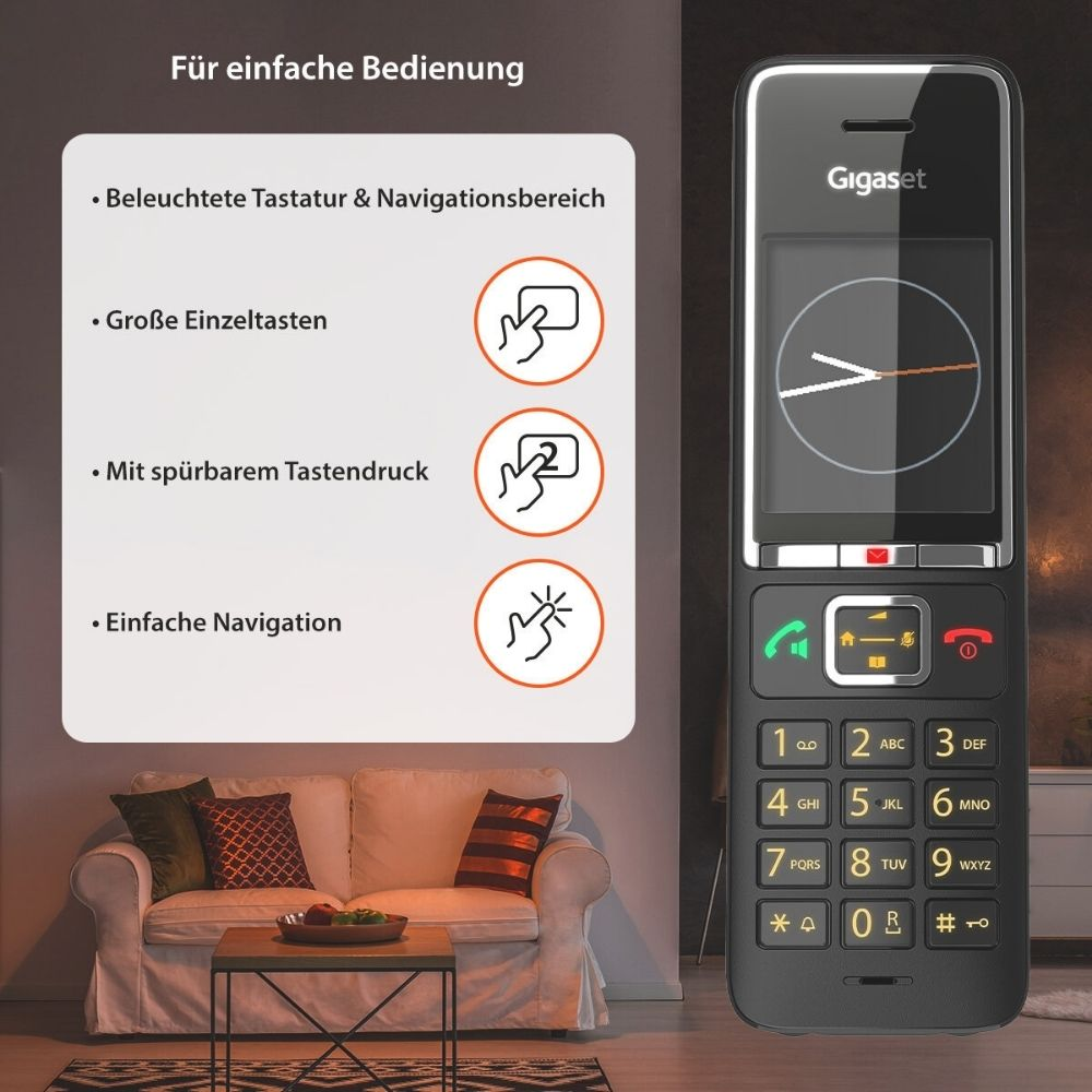 Telefono Gigaset con tastiera illuminata, tasti grandi e navigazione semplice.
