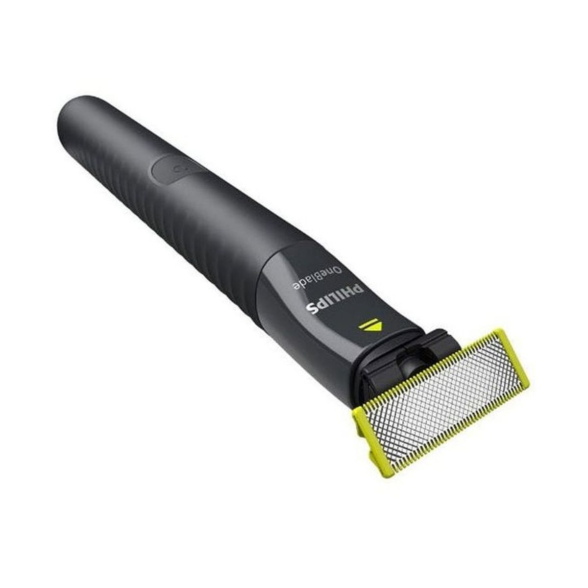 Ein schwarzer Philips OneBlade Trimmer mit gelber Klinge auf weißem Hintergrund.